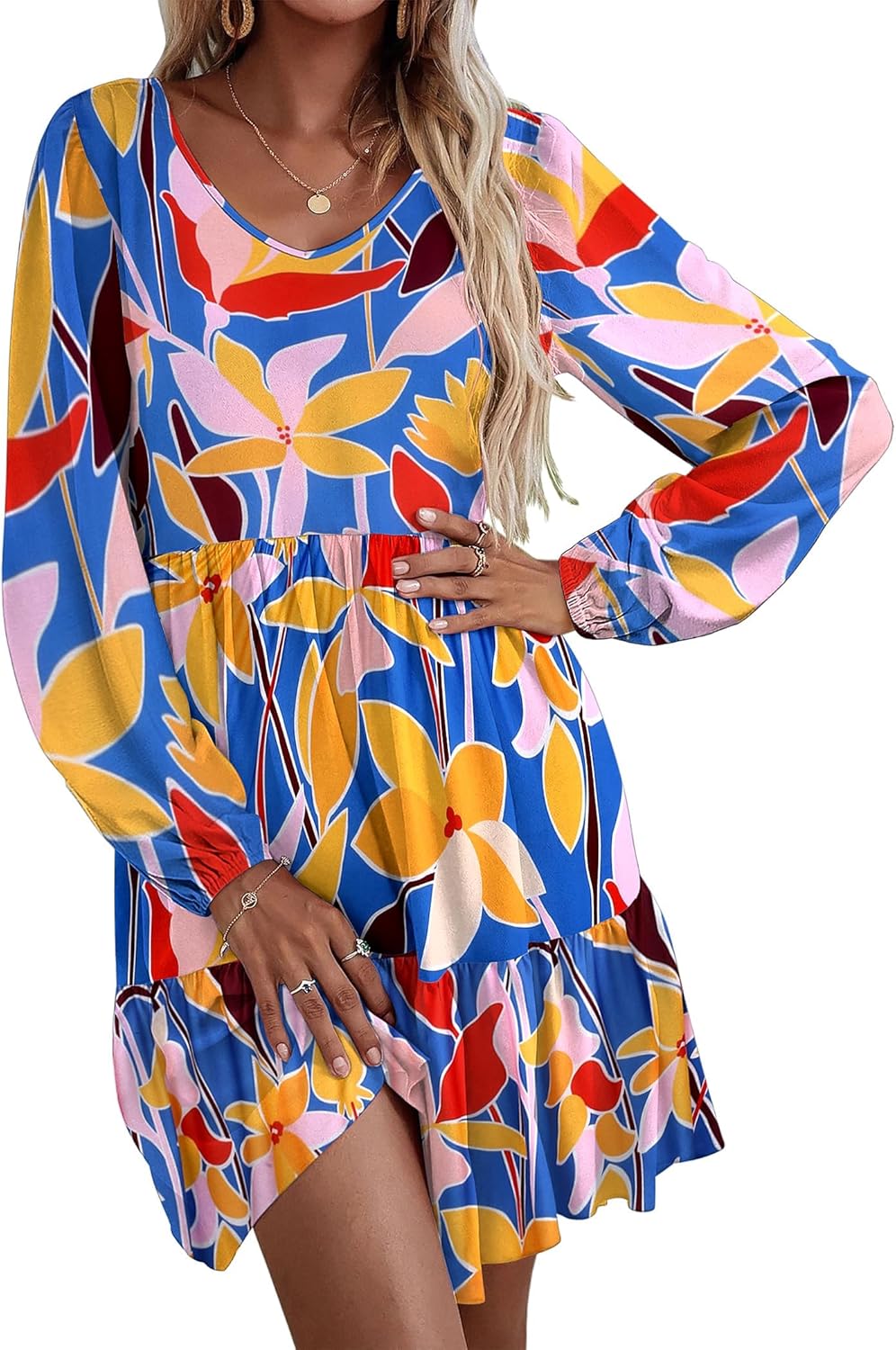 HOTOUCH Womens Casual A Line Dress V Neck Tiered Long Sleeve Fit Swing Dress with Pockets Loose Ruffled Dresses