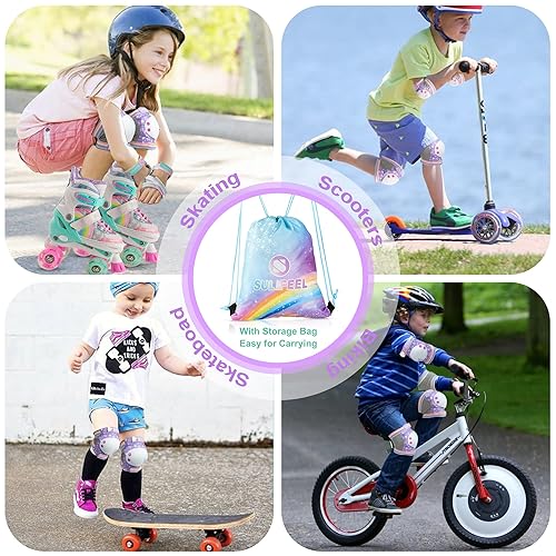 Miniatura 6 de SULIFEEL Rodilleras de unicornio arcoíris para niños, rodilleras, coderas, muñequeras con bolsa con cordón, juego de equipo de protección ajustable