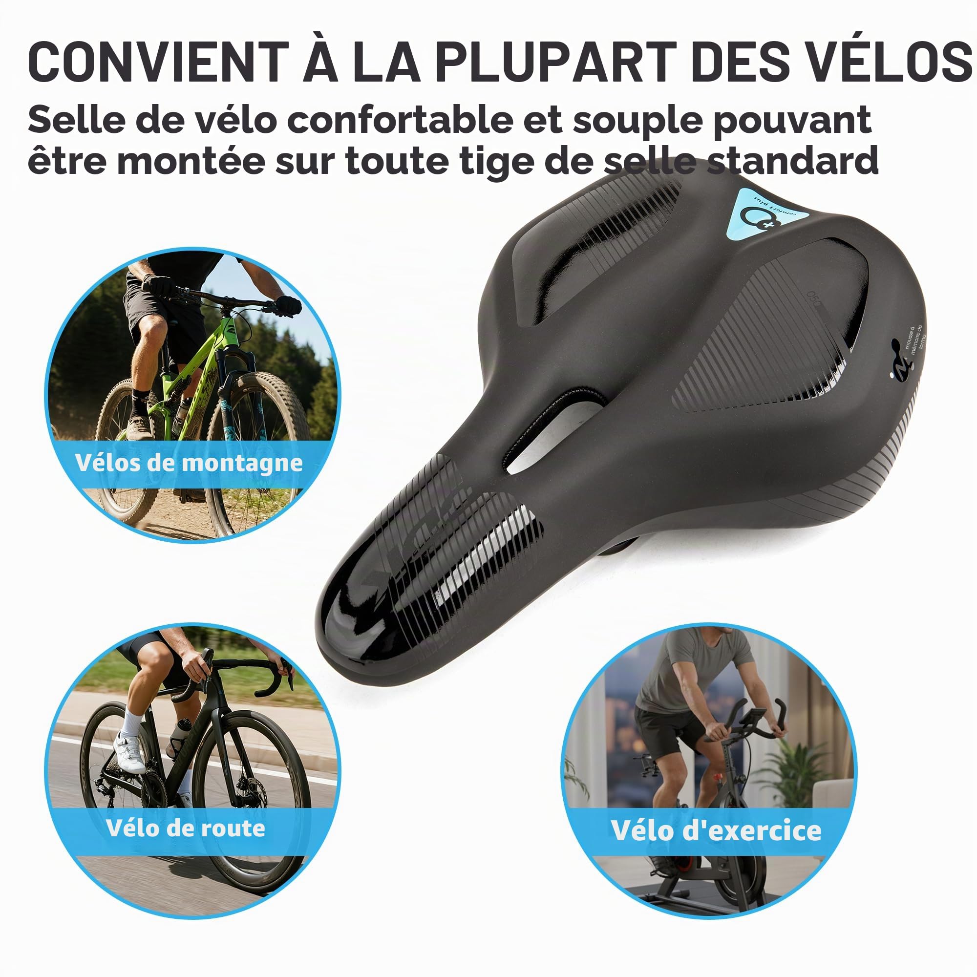 DDK Comfort Plus Selle de vélo - Selle Confortable en Mousse à mémoire de Forme - Soulage la Pression et absorbe Les Chocs - Selle Confortable et rembourrée pour Homme et Femme
