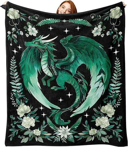 Paayna Green Dragon Flannel Throw Blanket, Birthday for Dragon Lover Kids Girls Boys Men Women, Botanical Flowers Soft Blankets for Bedding Sofa 50 x 60 Inches