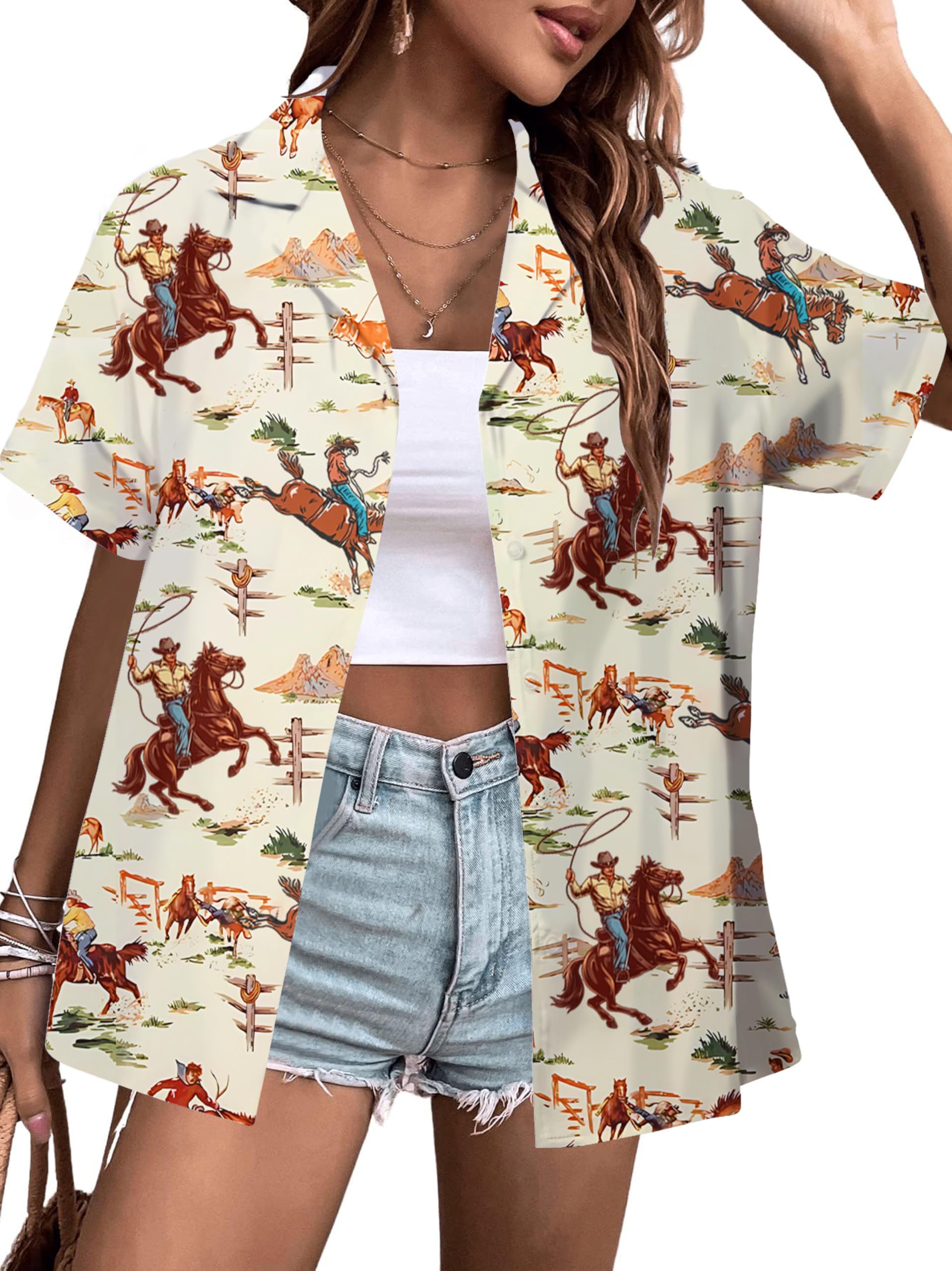 Western Button Down Shirt Cowgirl Outfits Rodeo Tops Hawaiian Shirts for Women Cute Country Concert