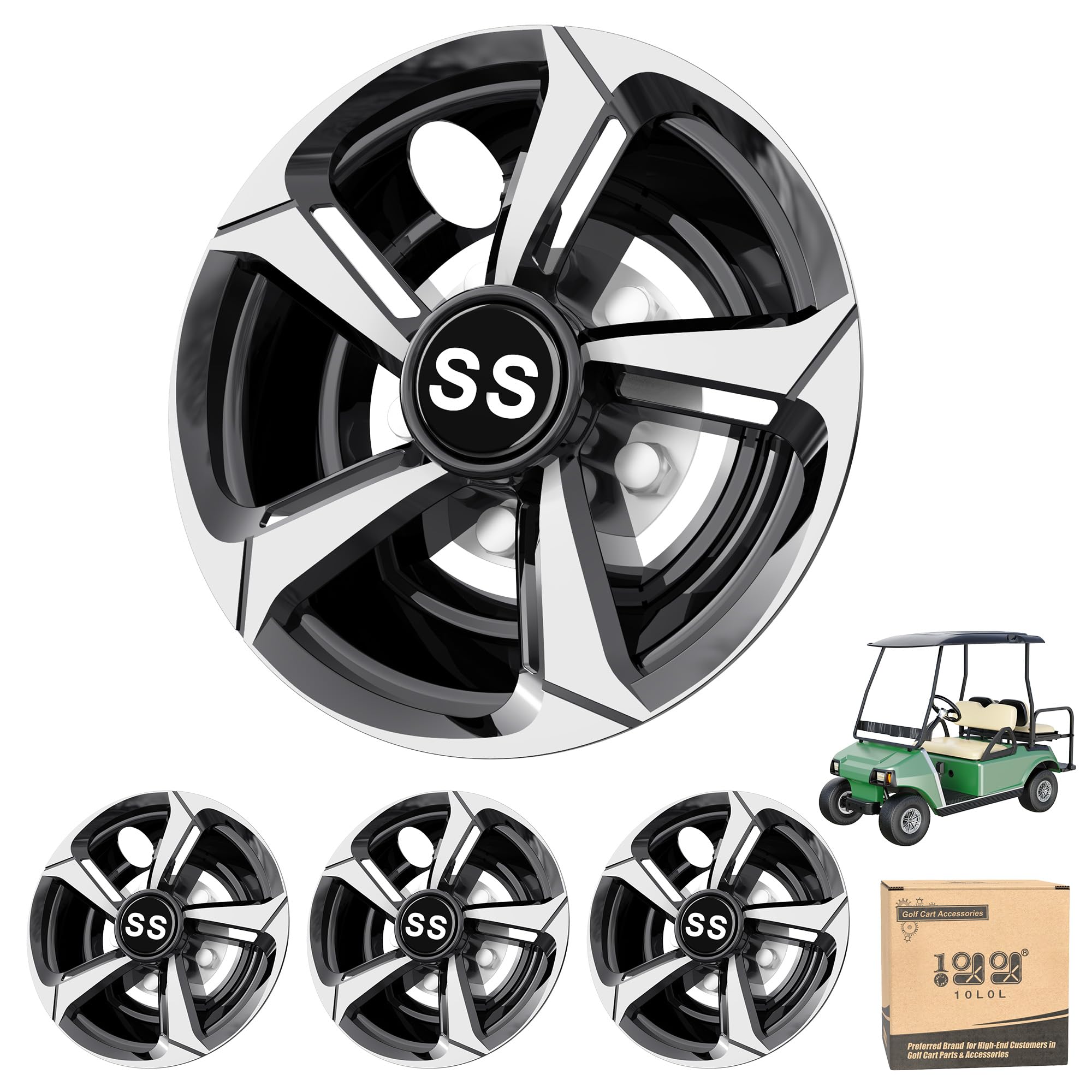 10L0L EZGO Golf Cart Wheel Trims Hub Caps for Yamaha Club Car 8" Snap-on Installation (Silver, 4 Pack)
