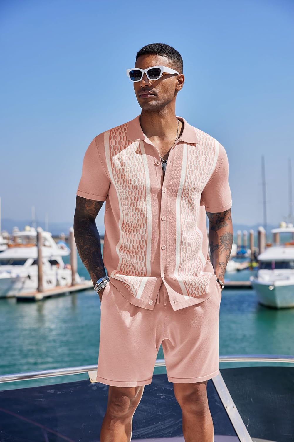 COOFANDY Men's 2 Piece Outfit Vintage Short Sleeve Button Down Knit Polo Shirts Casual Beach Shorts Sets - Image 8