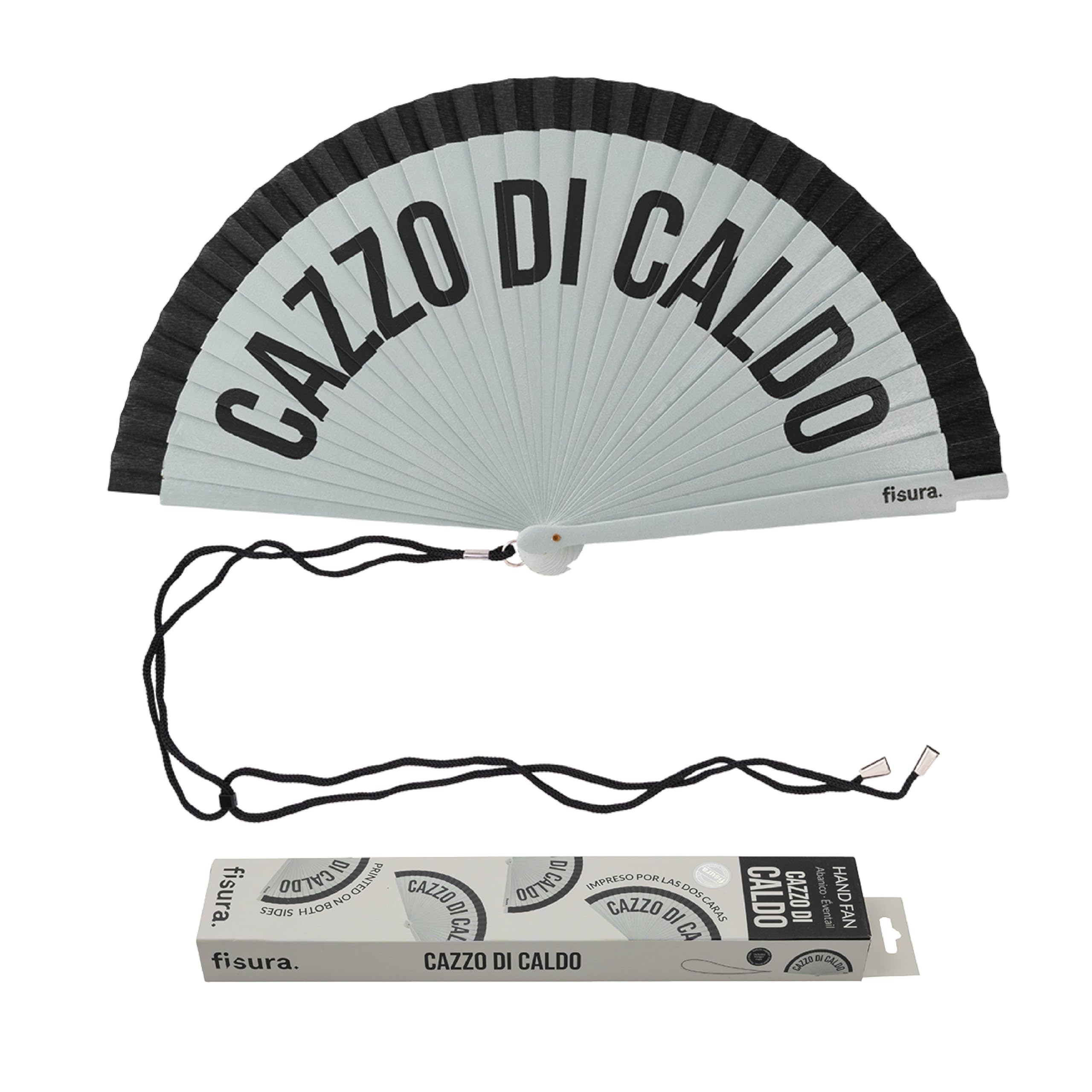 Fisura – Original Folding Handheld Fan with Italian Message “Cazz* di Caldo”. Reversible Wooden Folding Fan, Modern and Colourful. Grey & Black Design, Hanger Included. Dimensions: 42.5 x 23 cm