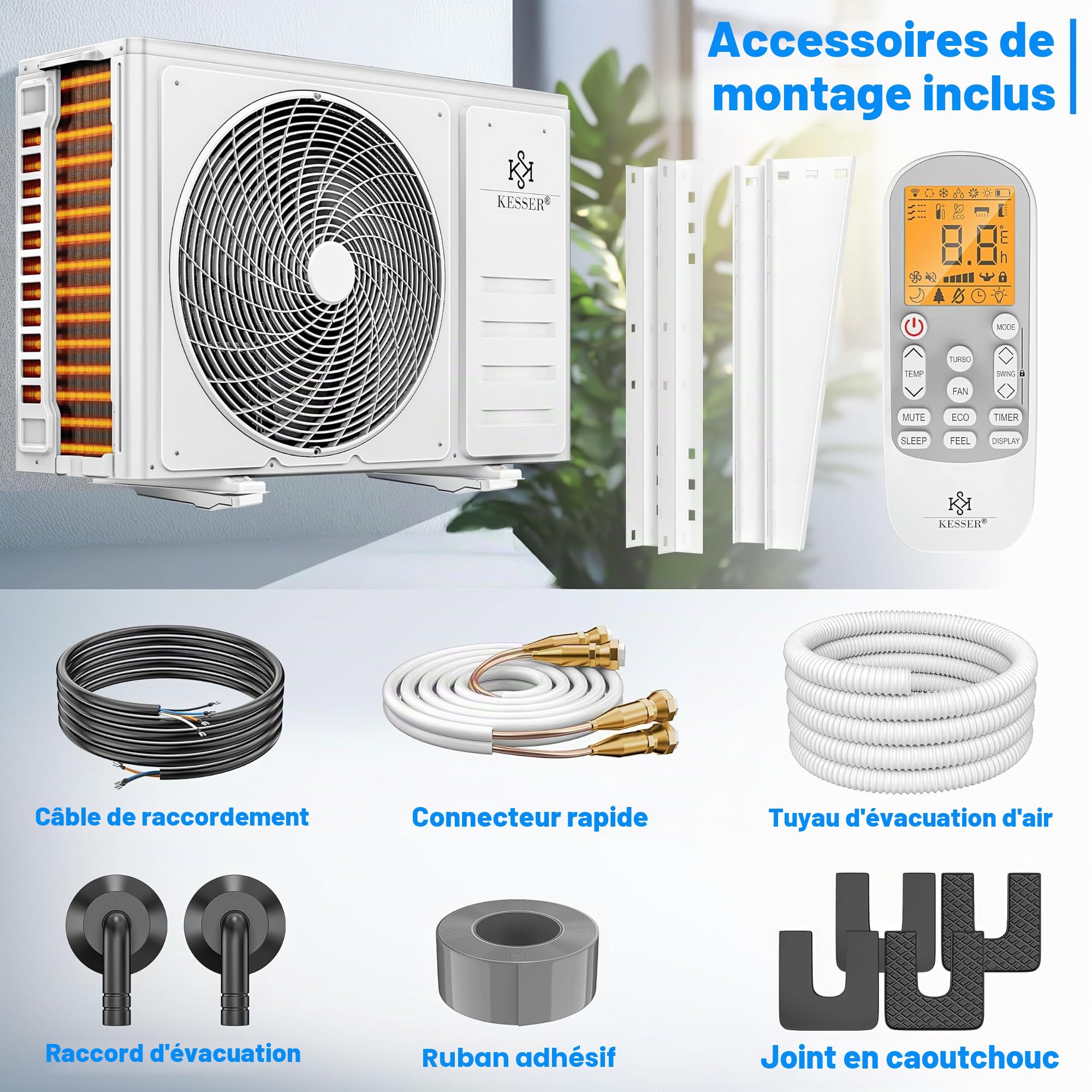 KESSER® Climatiseur Split Quick Connect - WiFi & App - Climatiseur avec fonction chauffage et mode refroidissement - Climatiseur mural - Avec câble en cuivre 12000 BTU 3,4 kW - Réfrigérant R32