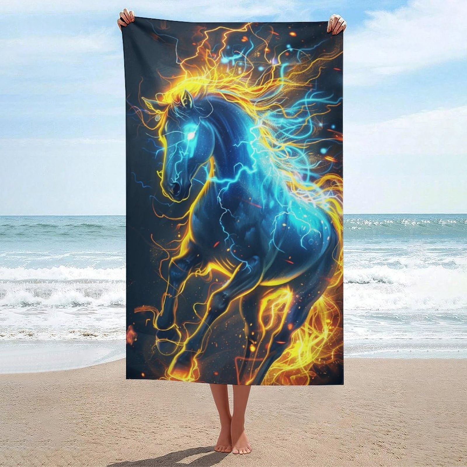 Serviette de plage anti-sable motif cheval éclair 130x80 cm