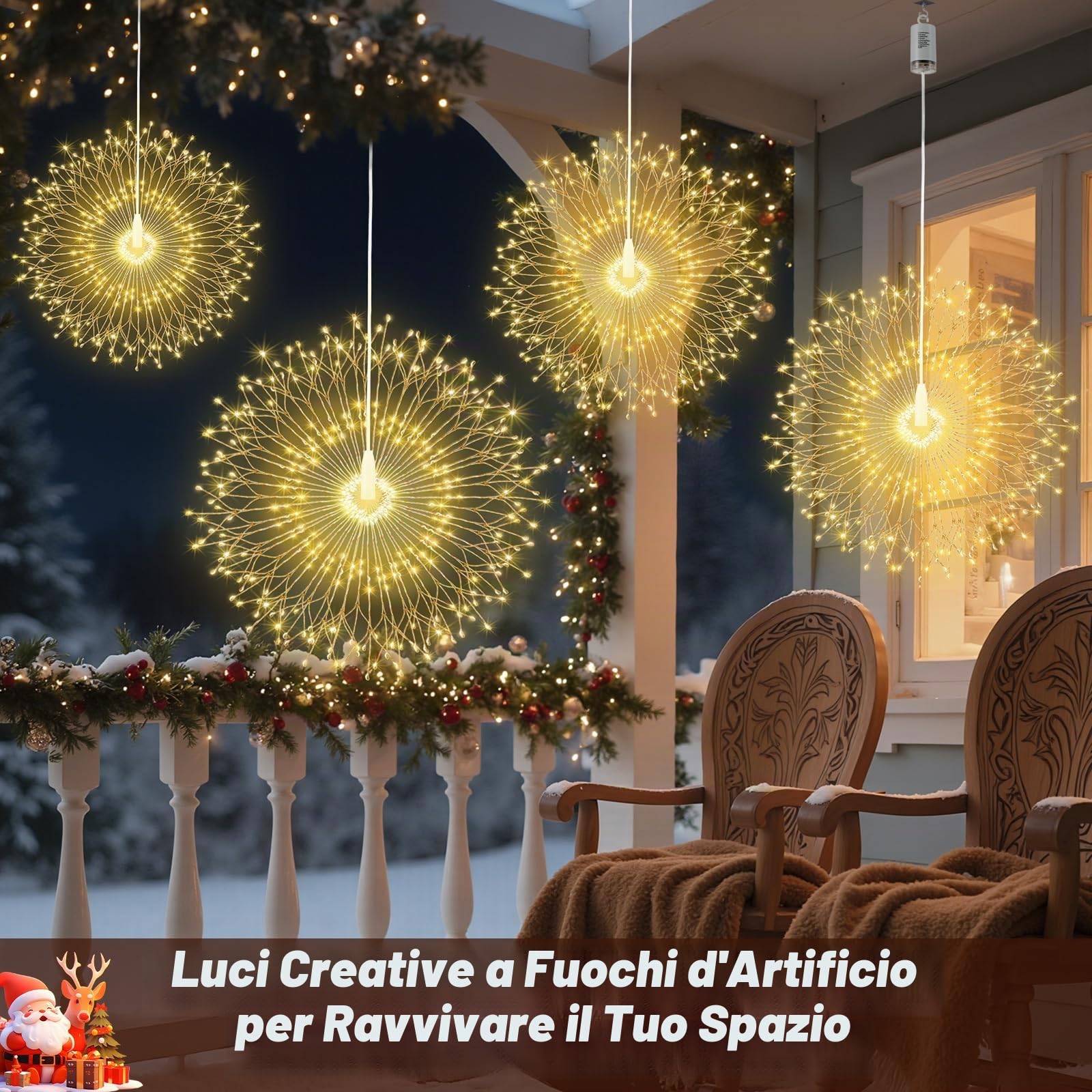 Lewondr Luci Fuochi D'Artificio Natalizi, 4PCS 210 LED Luci Appendibili Fate Con Telecomando, 8 Modalità, Luci A Stringa Stelle Impermeabili Per Interni Esterni Decorazione, Bianco Caldo