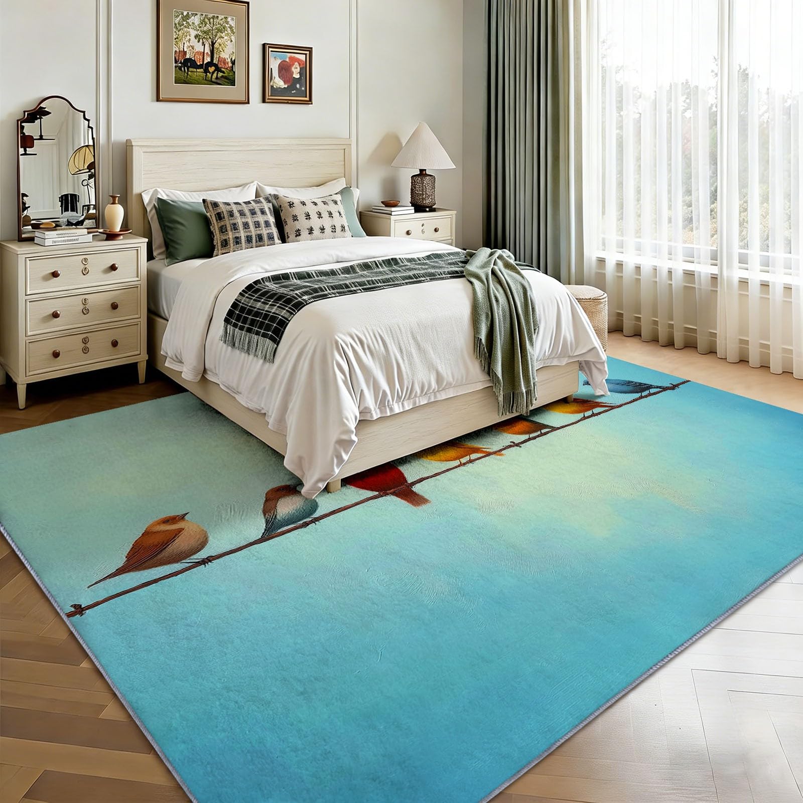 Générique Vintage 140 x 200 cm Moderne Tapis de Salon, Doux Cartoon Animal Oiseau Imprimé Tapis - Vert Sauge Moquette Antidérapant pour Salle à Manger Chambre Couloir Bureau Salle de Jeu