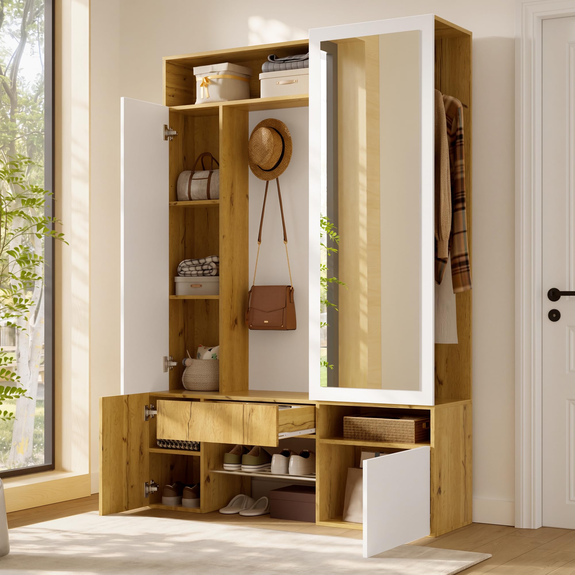 Perchero de madera MDF con espejo, color blanco natural