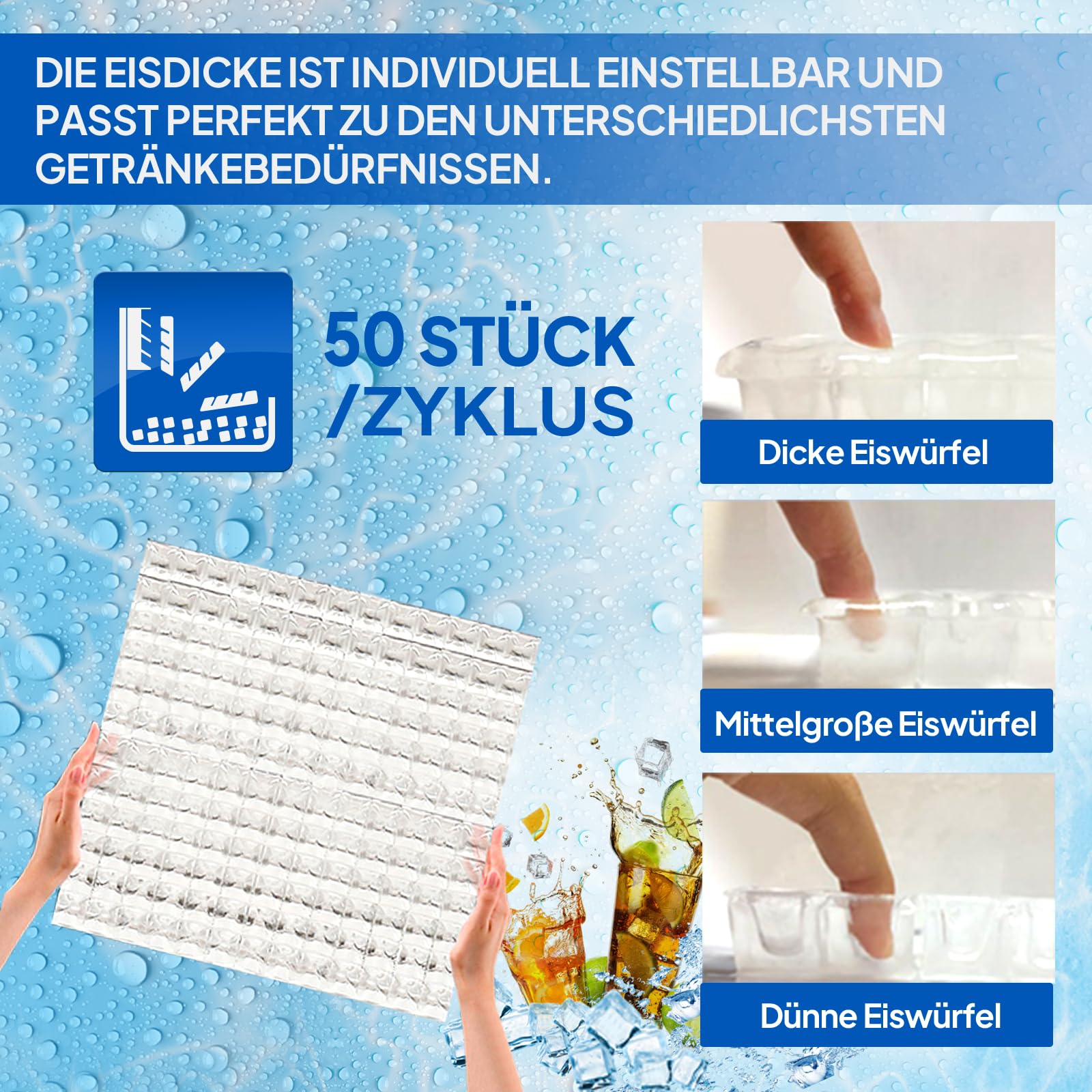 ROVSUN Gewerbliche Eiswürfelmaschine 50 kg/24H Kommerzielle Eismaschine mit Kompressor 50 Stück/14 Min. 23 kg Eislagerkapazität, Eiswürfelbereiter 24H-Timer, LCD-Anzeige, Selbstreinigung