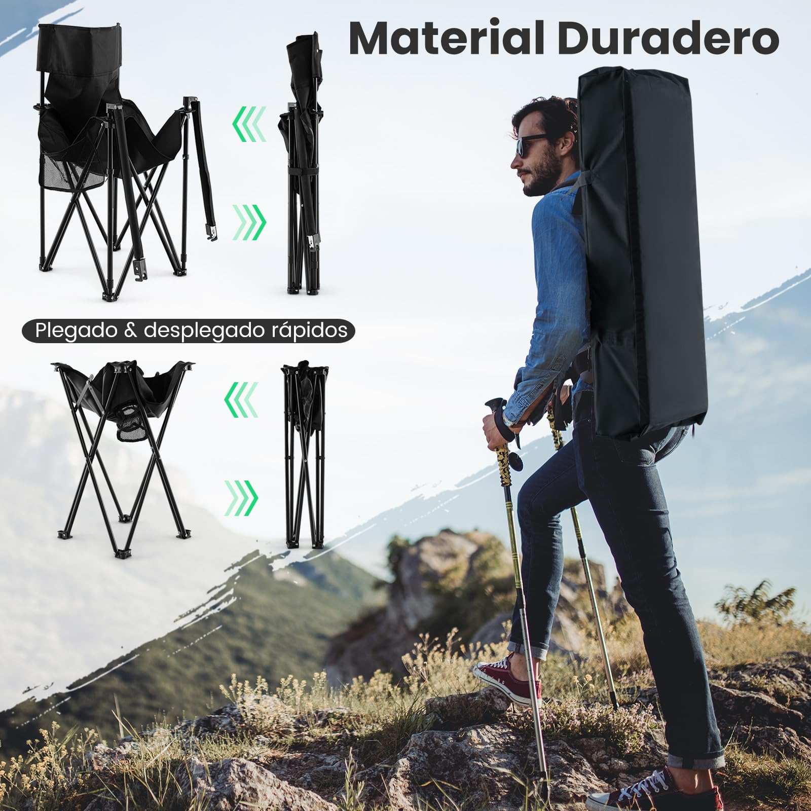 COSTWAY Juego de Sillas Camping Plegable y Mesa, 2 Sillas Camping Portátil y Mesa Auxiliar con 2 Portavasos, Bolsa de Transporte, Pesca, Picnic, Barbacoa, Negro