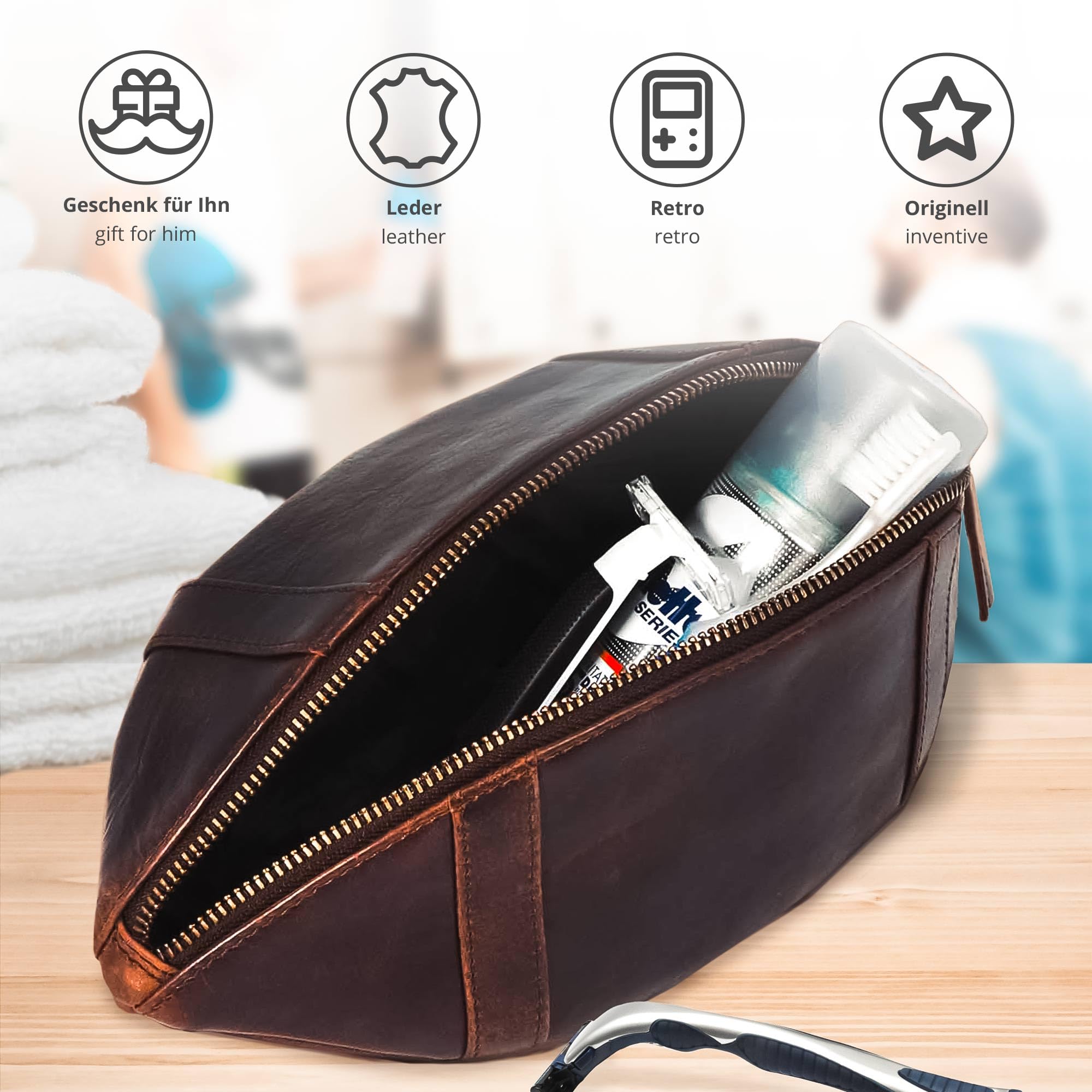 Monsterzeug American Football Kulturbeutel, Football Geschenke für Männer, Leder Kulturtasche, Kosmetiktasche, Waschtasche, Herren Necessaire, Toiletttasche, Reise Kulturtaschen, Waschbeutel, Tasche
