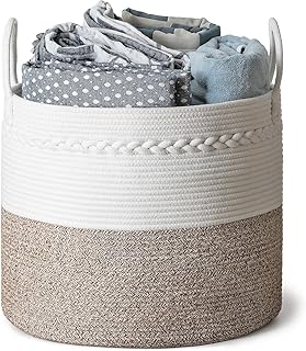 Favibes Panier à linge décoratif rayé en corde de coton Panier à linge tissé pour ranger couvertures, plaids, oreillers, vêtements, serviettes