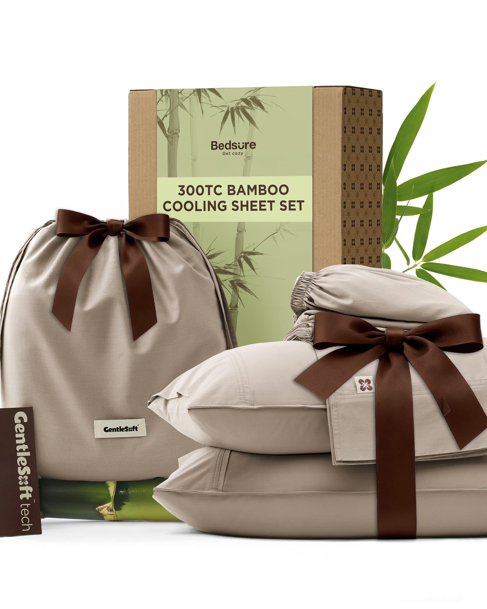 Bedsure Cooling Sheets Rayon Derived from Bamboo Cotton Blend GentleSoft Breathable King Size Sheets Set Deep Pocket Up