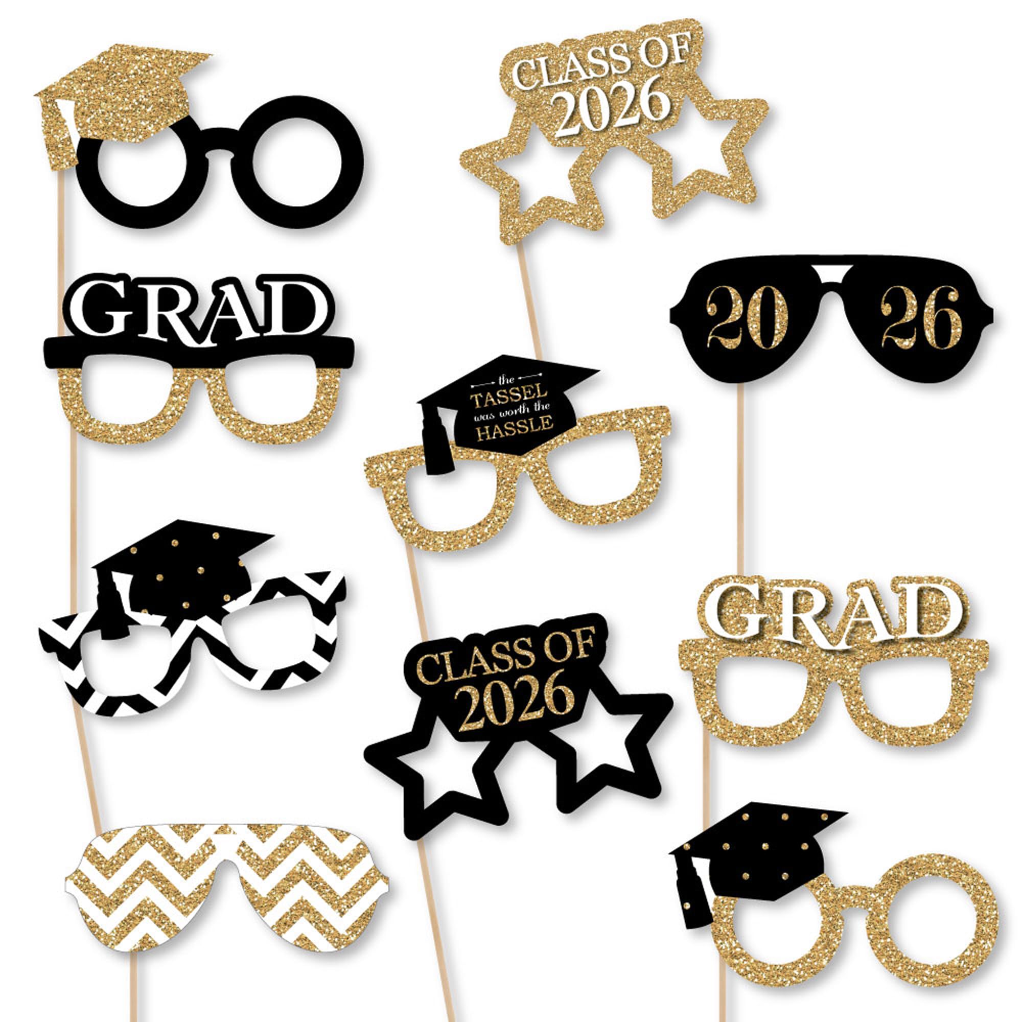 Big Dot of Happiness 2026 Gold Graduation Glasses - Paper Card Stock Party Photo Booth Props Kit - 10 Count