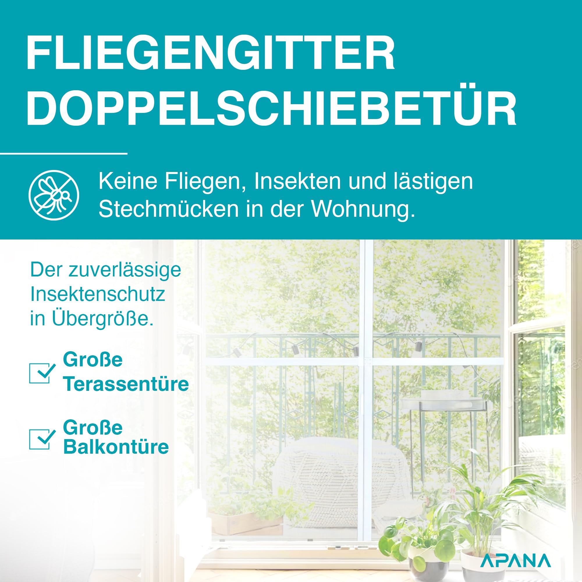 APANA Fliegengitter Schiebetür 240x240 cm – Insektenschutz Balkontür & Terrassentür ohne Bohren, zuschneidbar für Doppeltür, Aluminium Rahmen & Fiberglas Gewebe, stabil & langlebig Braun