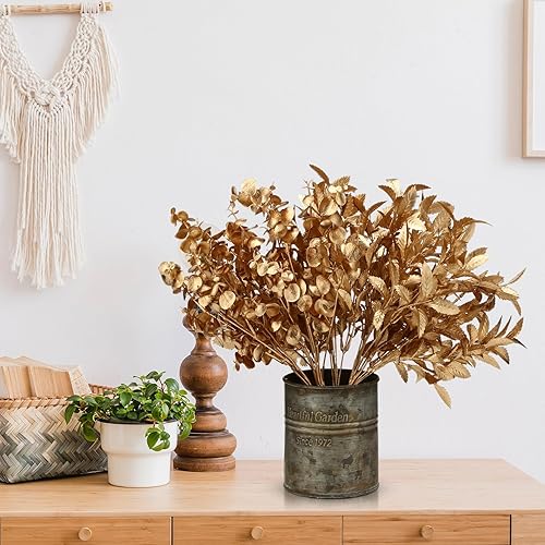 Miniatura 5 de Lyrow Paquete de 20 plantas artificiales doradas para decoración de Navidad, hojas de eucalipto artificiales, flores en aerosol, tallos de eucalipto