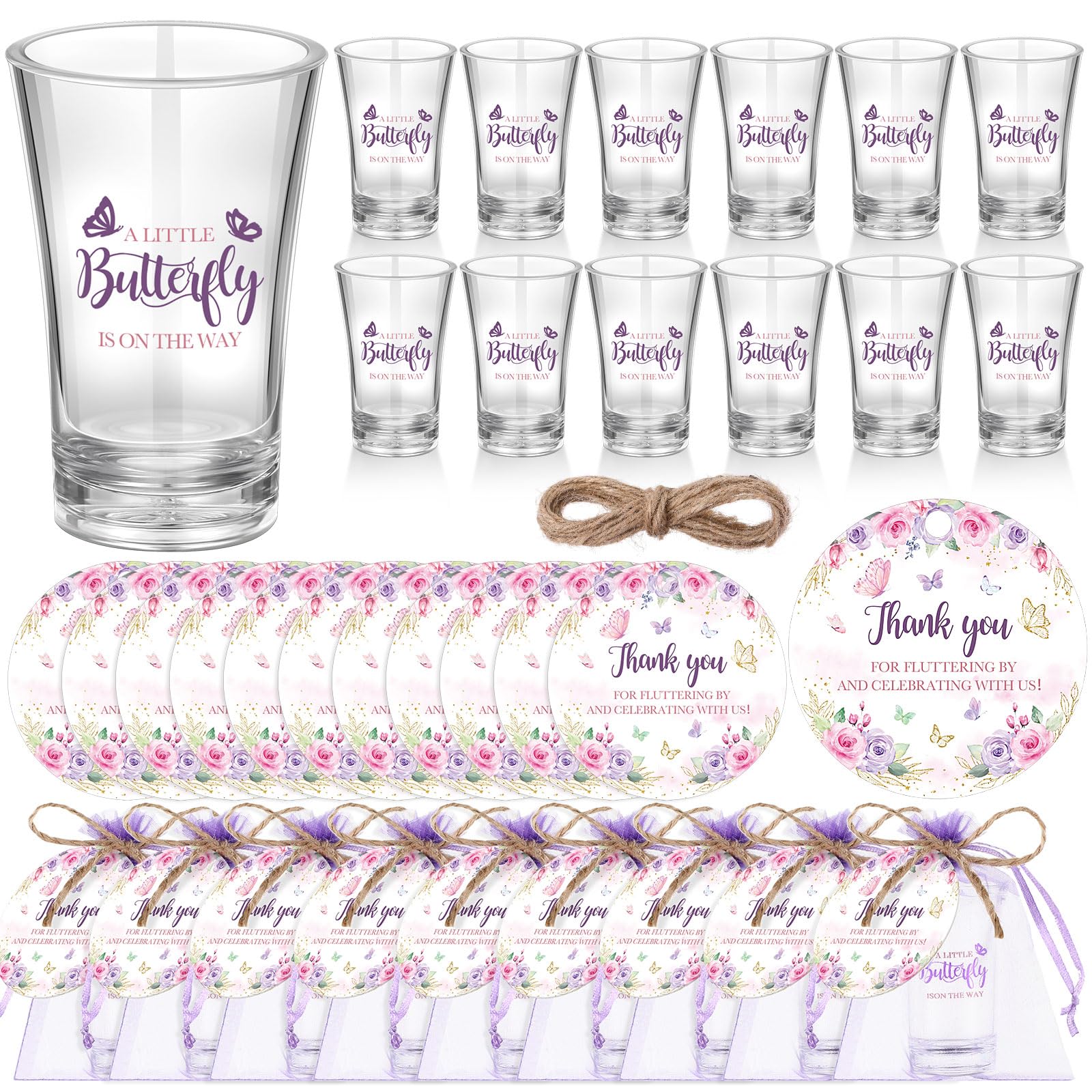 Funnymoom Juego de 50 vasos de chupito de acrílico transparente con diseño de mariposa para baby shower con bolsas de organza, decoraciones de fiesta de primavera