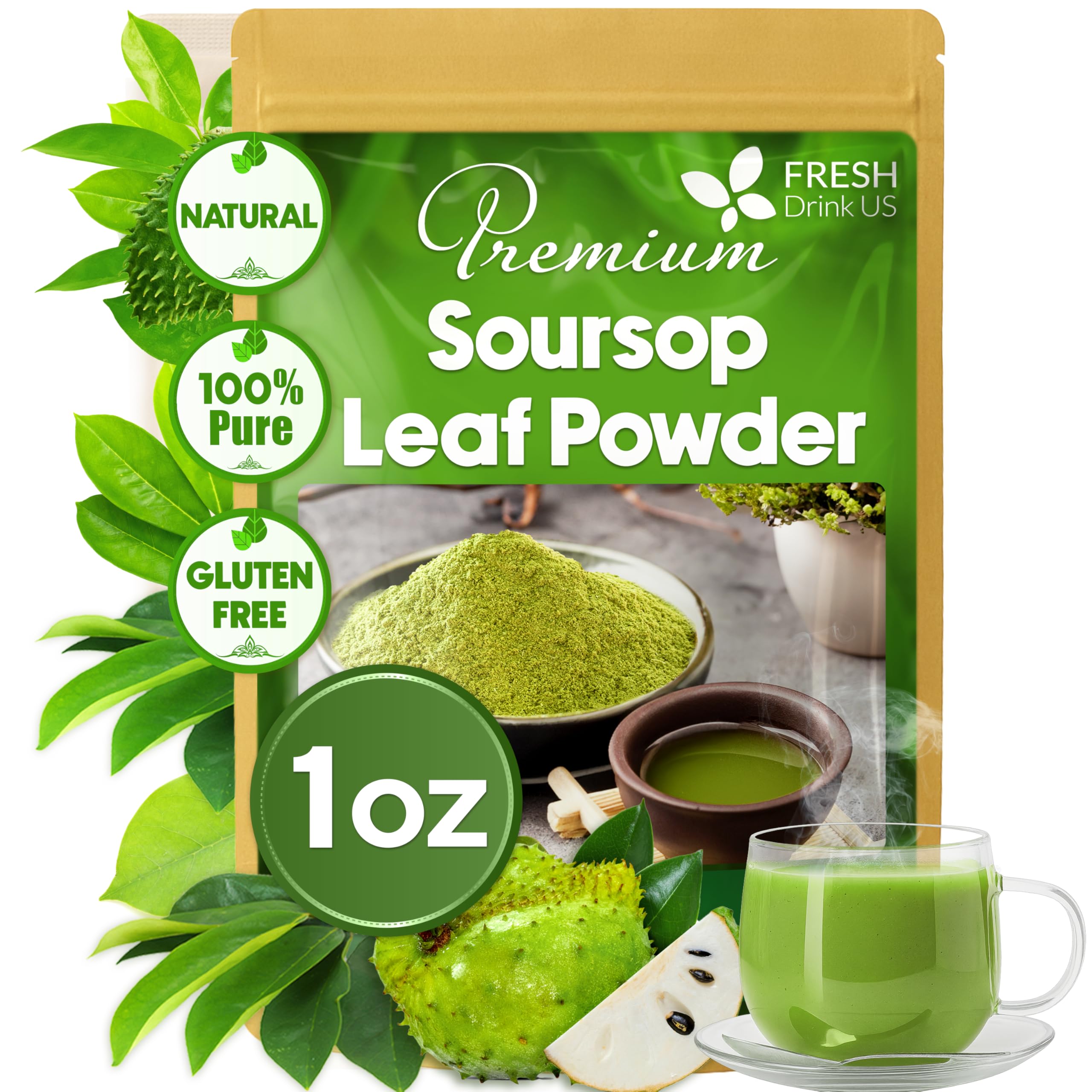 FRESHDRINKUS, Premium 1oz Soursop Leaf Powder, 100% Natural & Pure from Soursop Leaves, Wildcrafted, Graviola Powder, Hoja Guanabana, No Sugar, No Gluten, Vegan