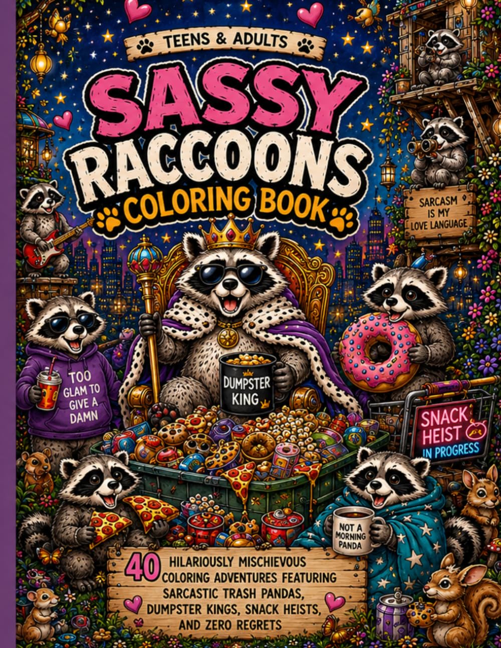 Sassy Raccoons Coloring Book: 40 Hilariously Mischievous Coloring Adventures Featuring Sarcastic Trash Pandas, Dumpster Kings, Snack Heists, and Zero Regrets