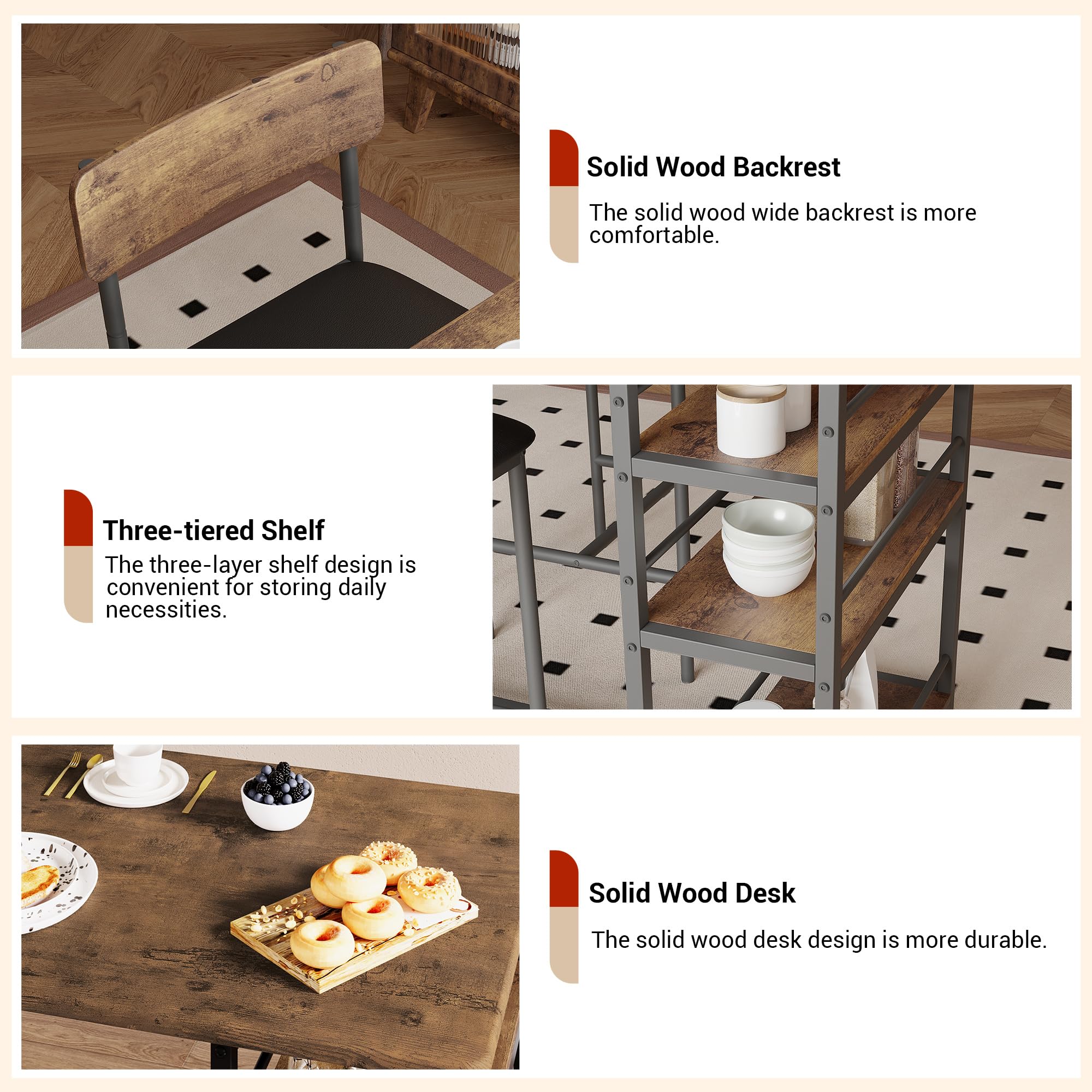 Table de bar avec tabourets rembourré pour 2 Personnes,Table mange debout avec tabourets,3 étagère De Rangement,Ensemble Table haute cuisine pour Petit Espace,Appartement,Ilot central cuisine(Brun)