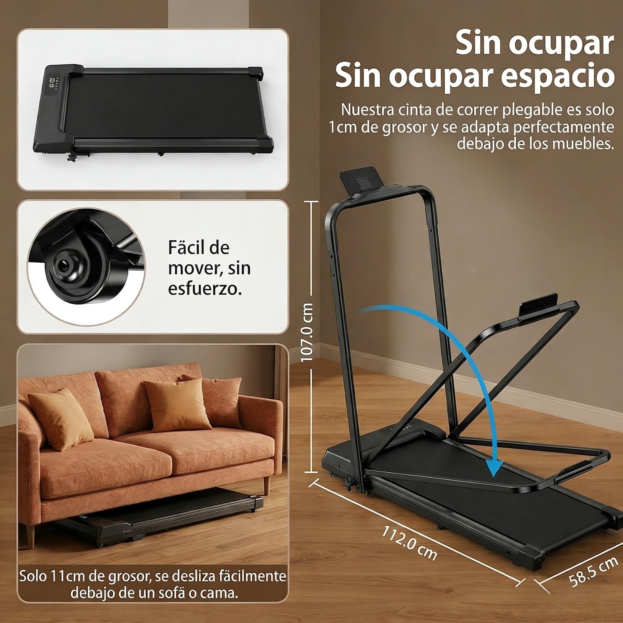 Tapis roulant per casa pieghevole – Upgraded Durevole & Portatile Elettrico Treadmill per Home Fitness con forte supporto a ventosa e telecomando, max 10 km/h per Cardio & Walking (nero)