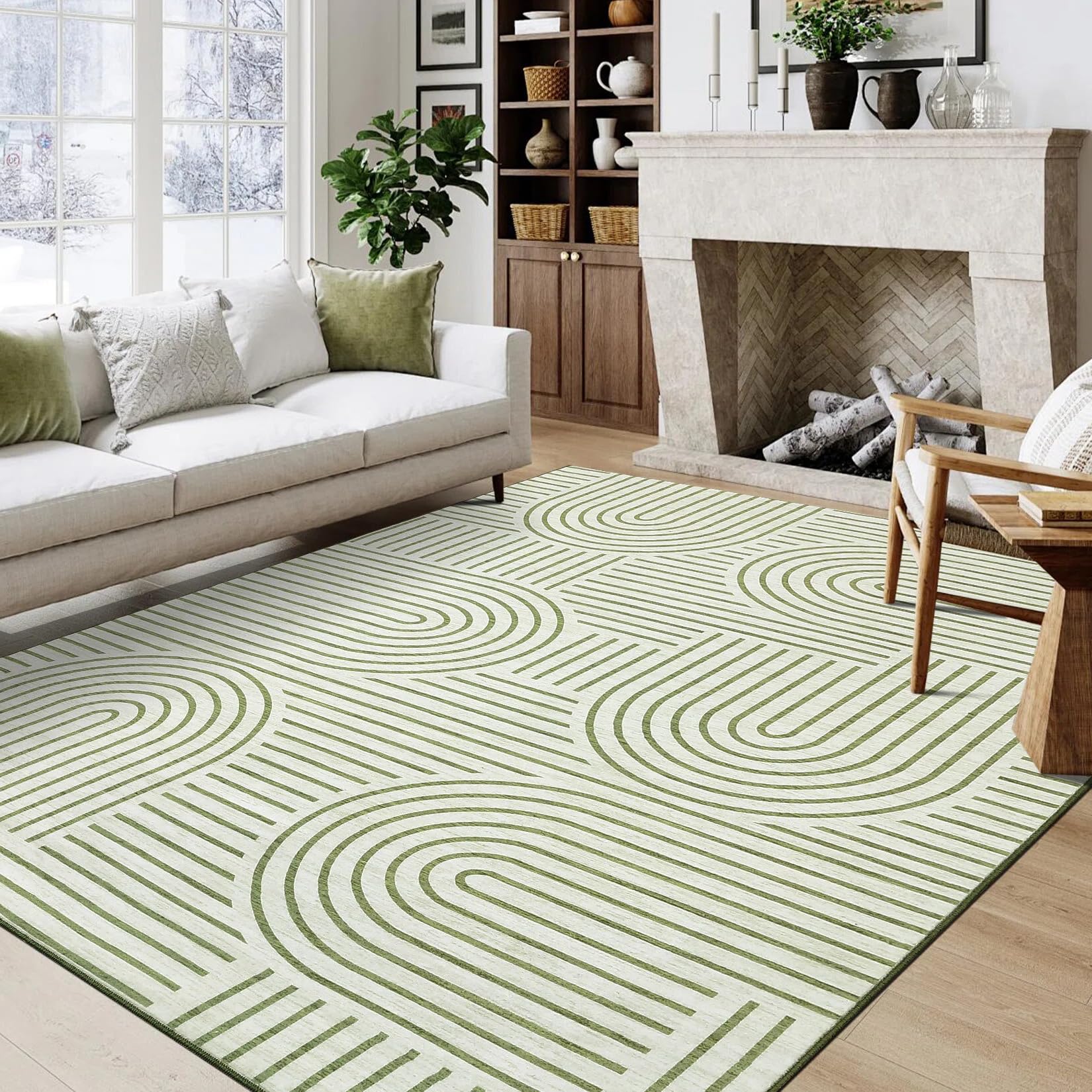LuxFocus Großer Wohnzimmer-Teppich 200x290 cm, Rutschfester Kurzflor mit geometrischem Linien-Design, modernes strukturiertes Muster für Esszimmer & Lounge, Hellgrün