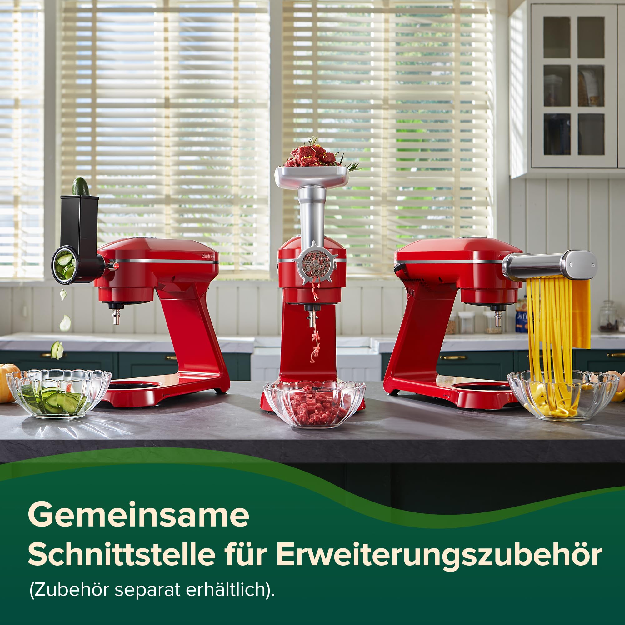 CHEFREE Impastatrice Planetaria 1800W, Robot da Cucina Grandi Multifunzione a 10 Velocità, Robot da Cucina con Ciotola da 7L, Gancio per Pasticceria, Frusta, Rullatore, Corpo in Metallo, Rosso, M500