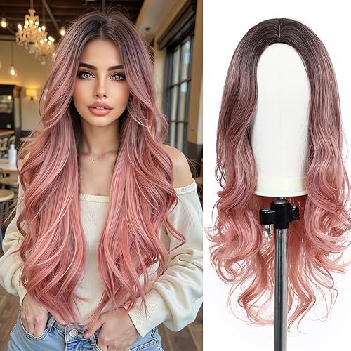 Esmee Synthetic Wigs Ombre Pink Long Wavy Women Heat Resistant Fiber Middle Part Cosplay Wigs 24inch