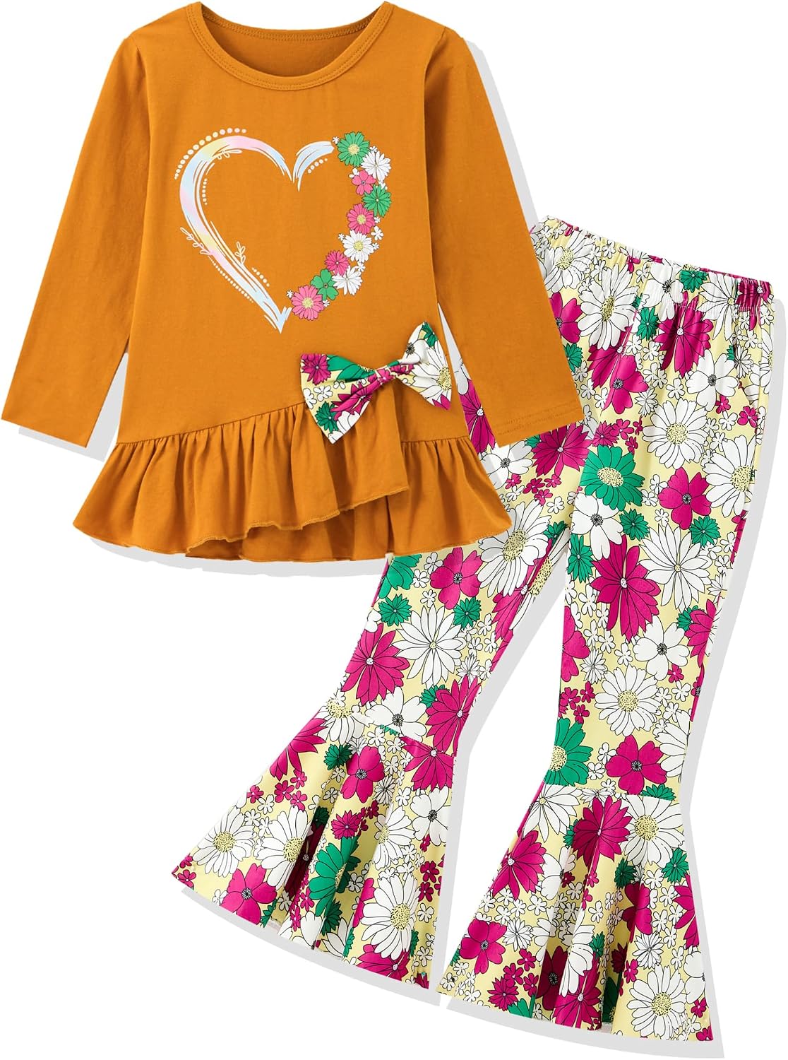 Little Girl Clothes 2-8Years, Long Sleeve Ruffle Top+Bow Flared Pants