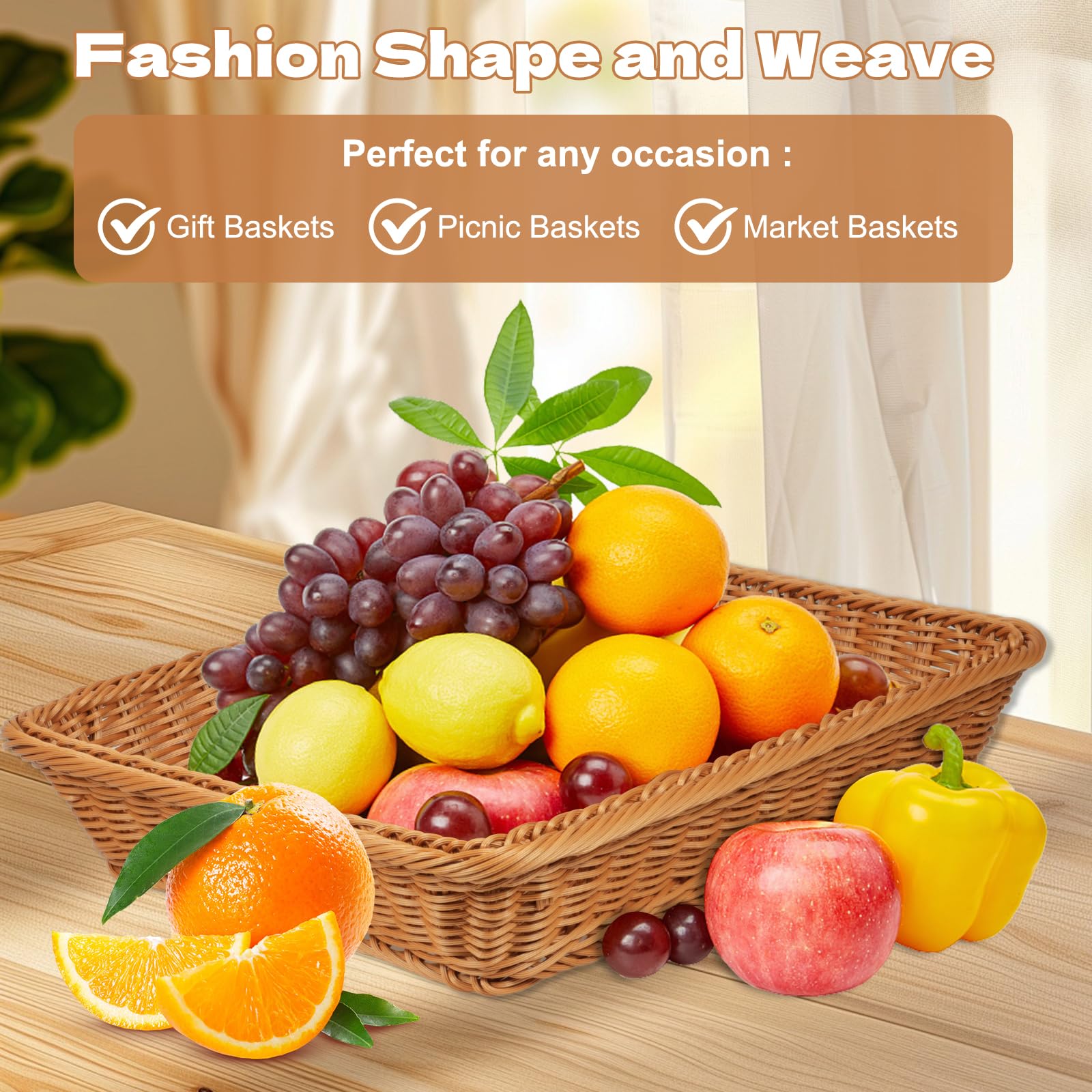 Confezione da 6 cestini per il pane in vimini sintetico, 40 x 30 cm, rettangolari, per frutta, cibo, cibo, cibo, per pane, verdure, frutta, snack, da tavolo, ristorante, casa all'aperto