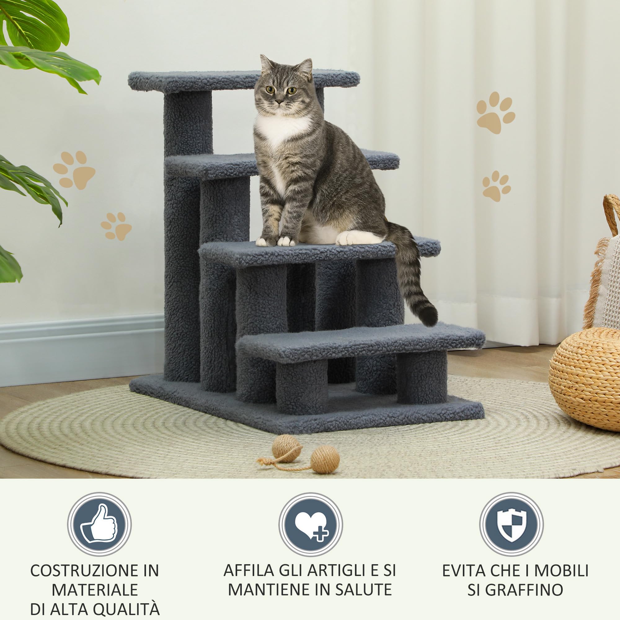PawHut Scaletta per Cani e Gatti a 4 Gradini in Peluche 61x41x60cm Grigio | Scala per Gatto e Animali Domestici Antiscivolo, Scalini per Cuccioli per Letto e Divano