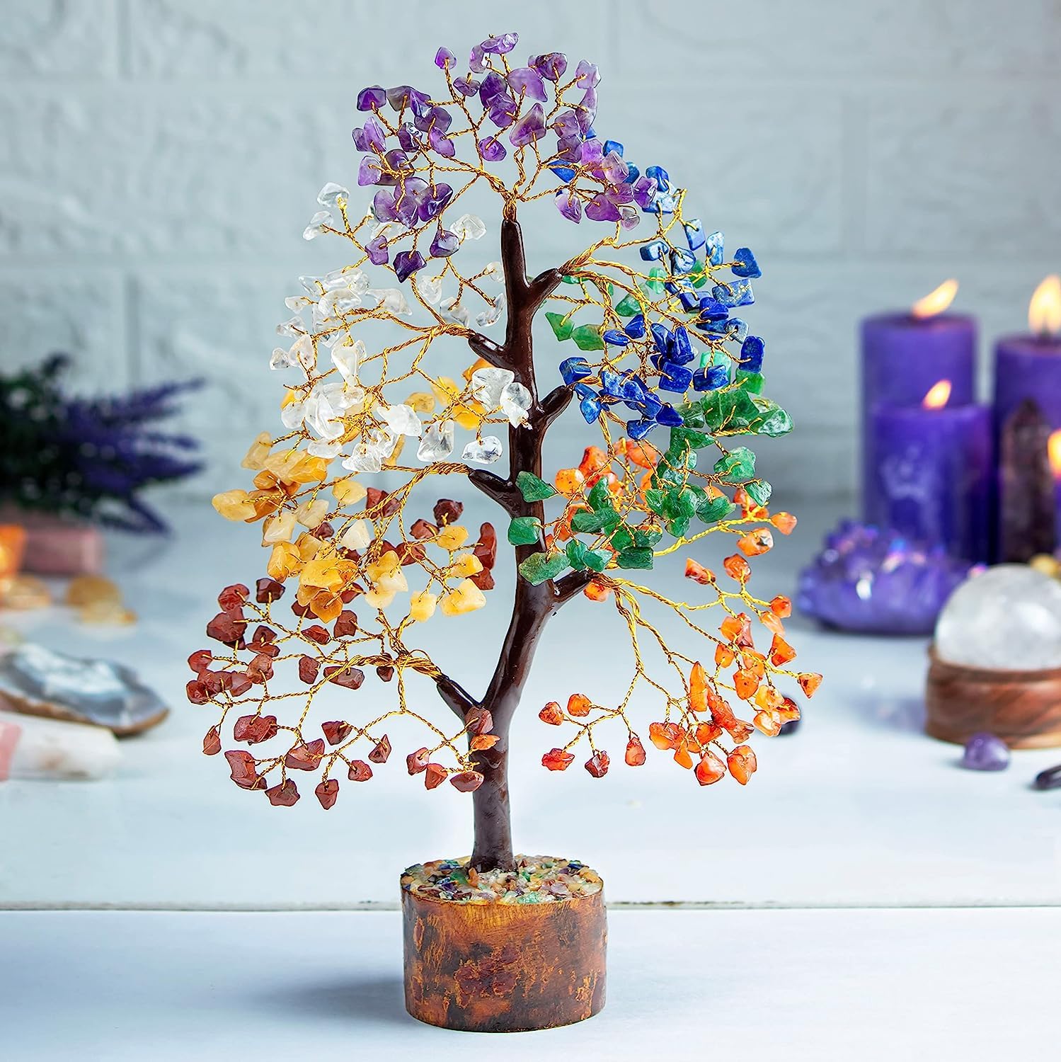 UA Homes Real & Original Stone Seven Chakra Crystal Tree showpiece for Good Luck, Money Tree, Handmade Money Bonsai Tree for Positive Energy, House Warming Gifts