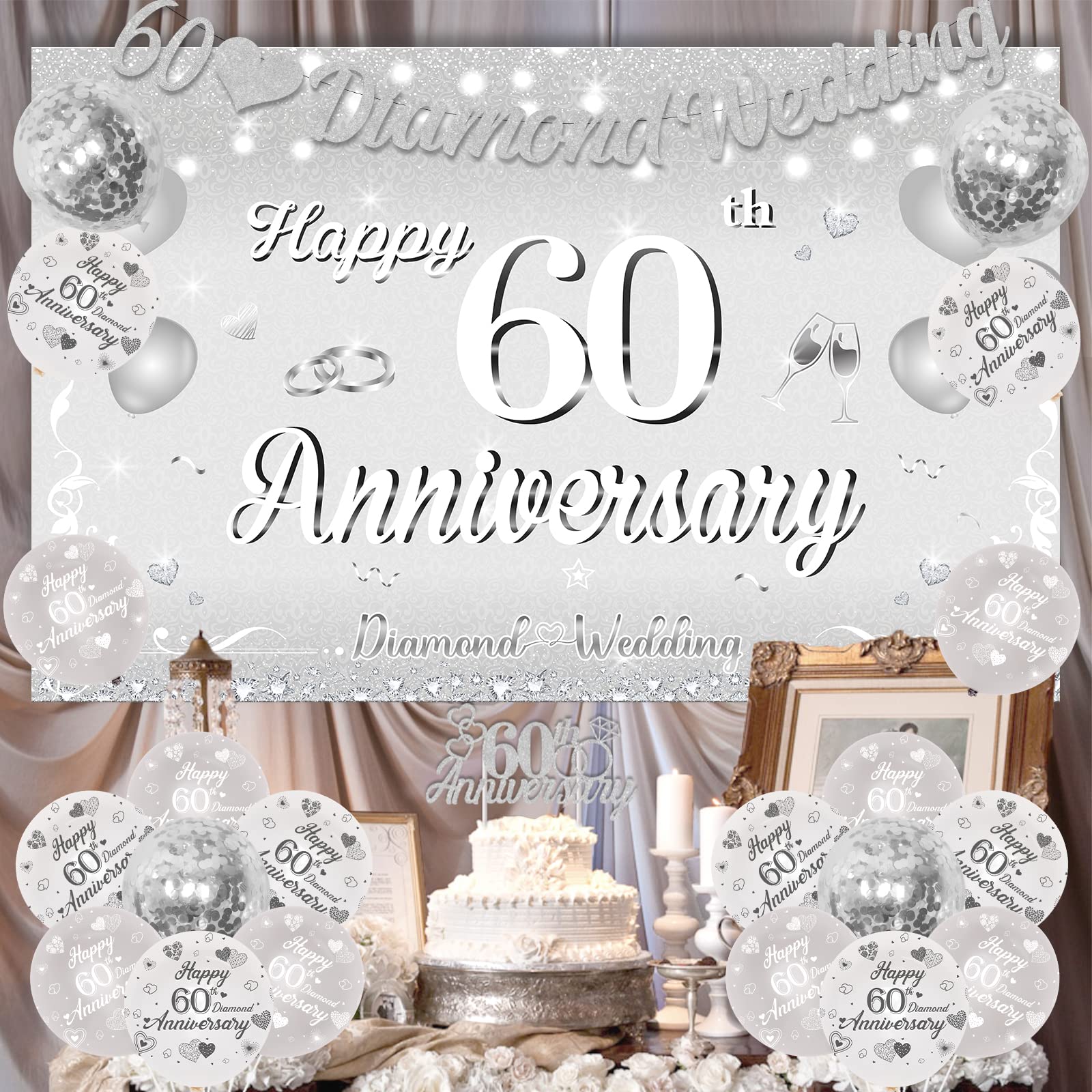 60th Anniversary Balloons Diamond Wedding Decorations, 60th Wedding