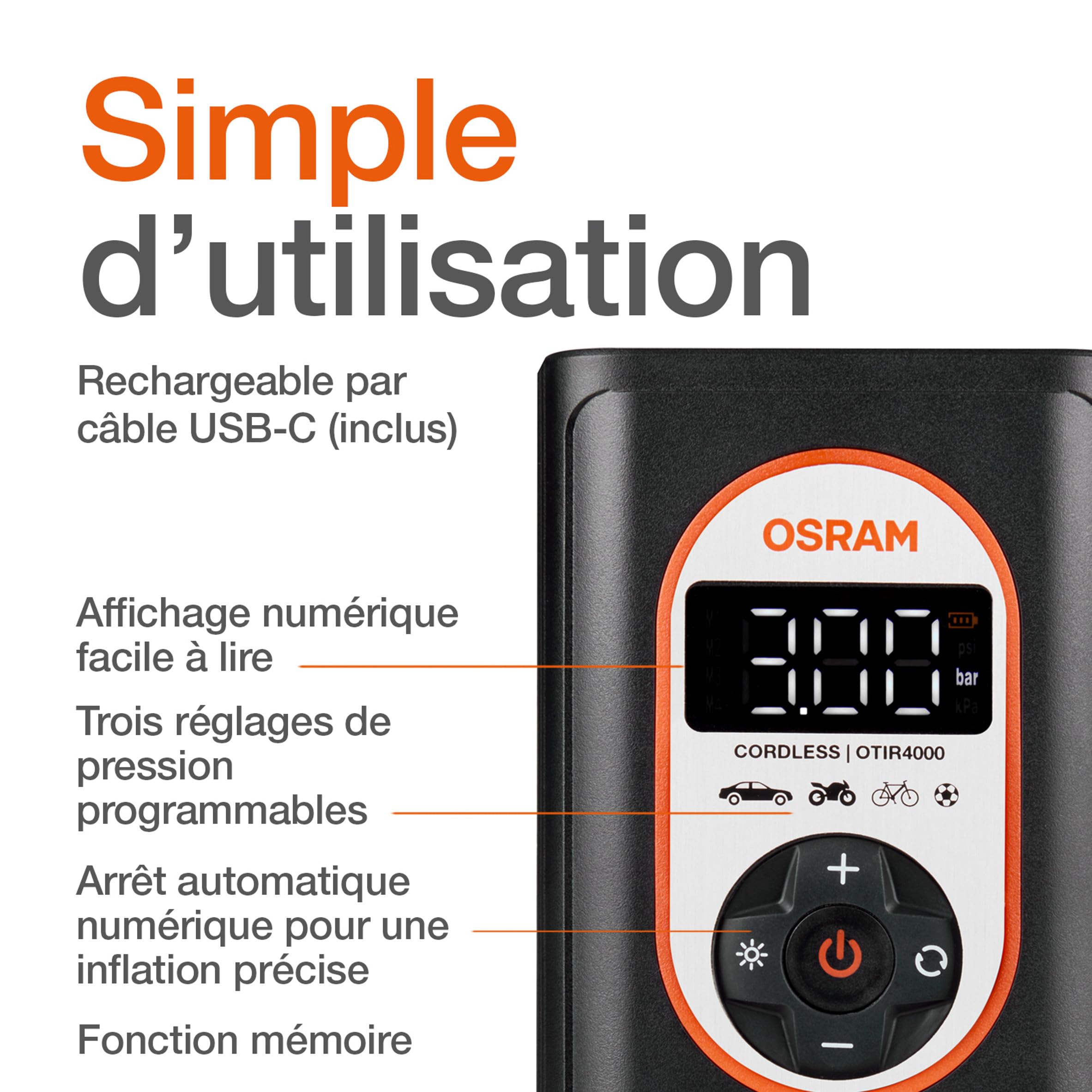 OSRAM TYREinflate 4000 Gonfleur de Pneu sans Fil Rechargeable Compresseur d'air numérique programmable avec arrêt Automatique et gonflage des pneus à lumière LED en 3,5 Minutes | d'air numérique programmable avec arrêt Automatique et gonflage des pneus à