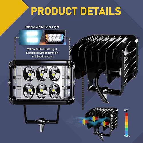 Miniatura 3 de ASLONG LED Side Shooter, 4inch WhiteAmber Strobe DRL Work Lights with Yellow & Blue Dual Color Flasing Strobe LED Cubes Offroad Driving Light with