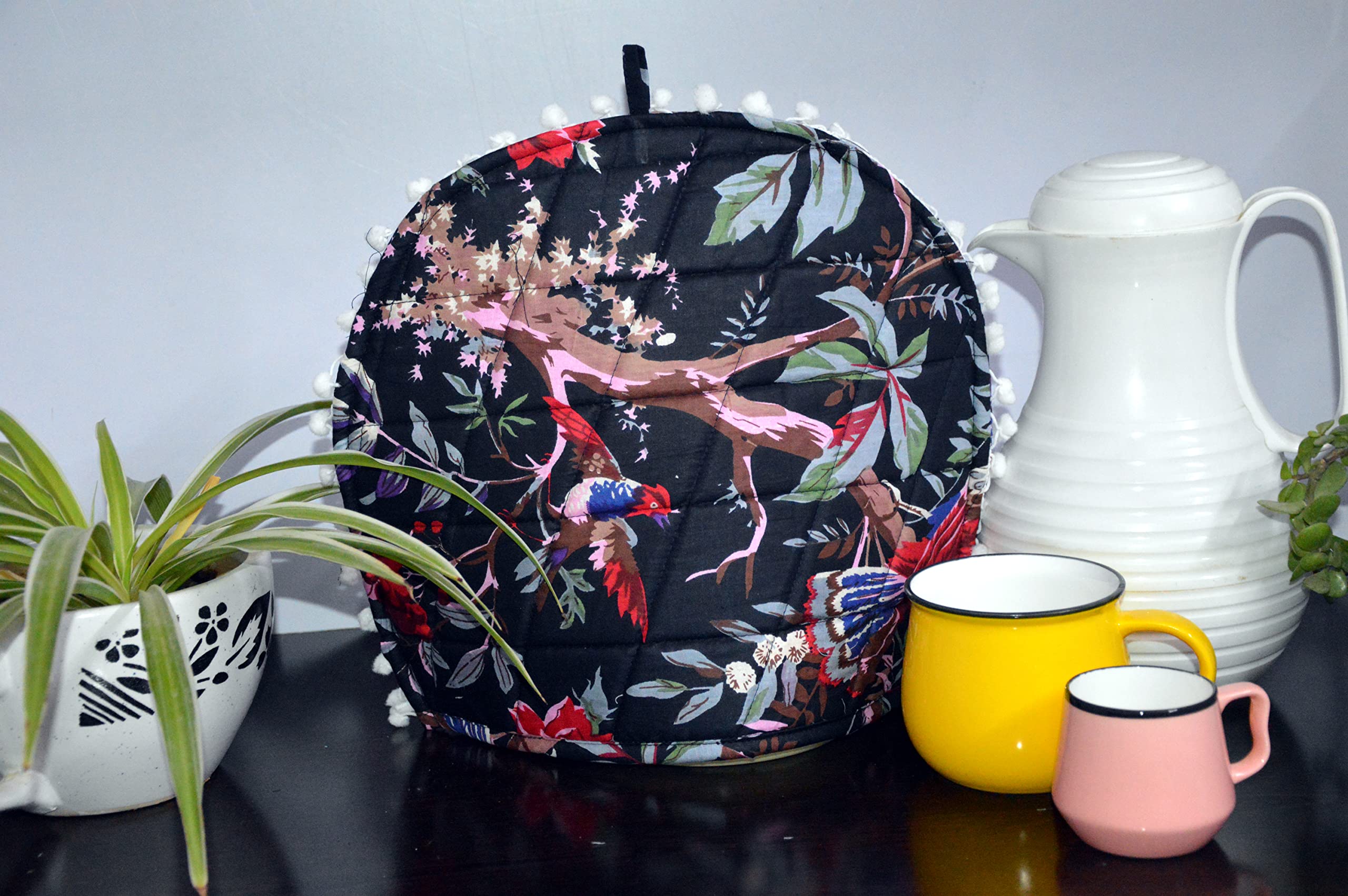 MarusthaliTea Cosy-Tea cozies-Tea Warmer For Teapot Kitchen Decor 14" X 11" (1 Piece, Black With White Pom Pom)