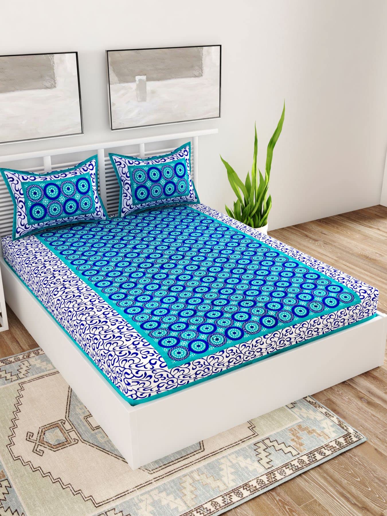 UniqChoice Turquoise Color Rajasthani Traditional Printed 120 TC 100% Cotton Double Bedsheet with 2 Pillow Cover,UCBD105-picture-13
