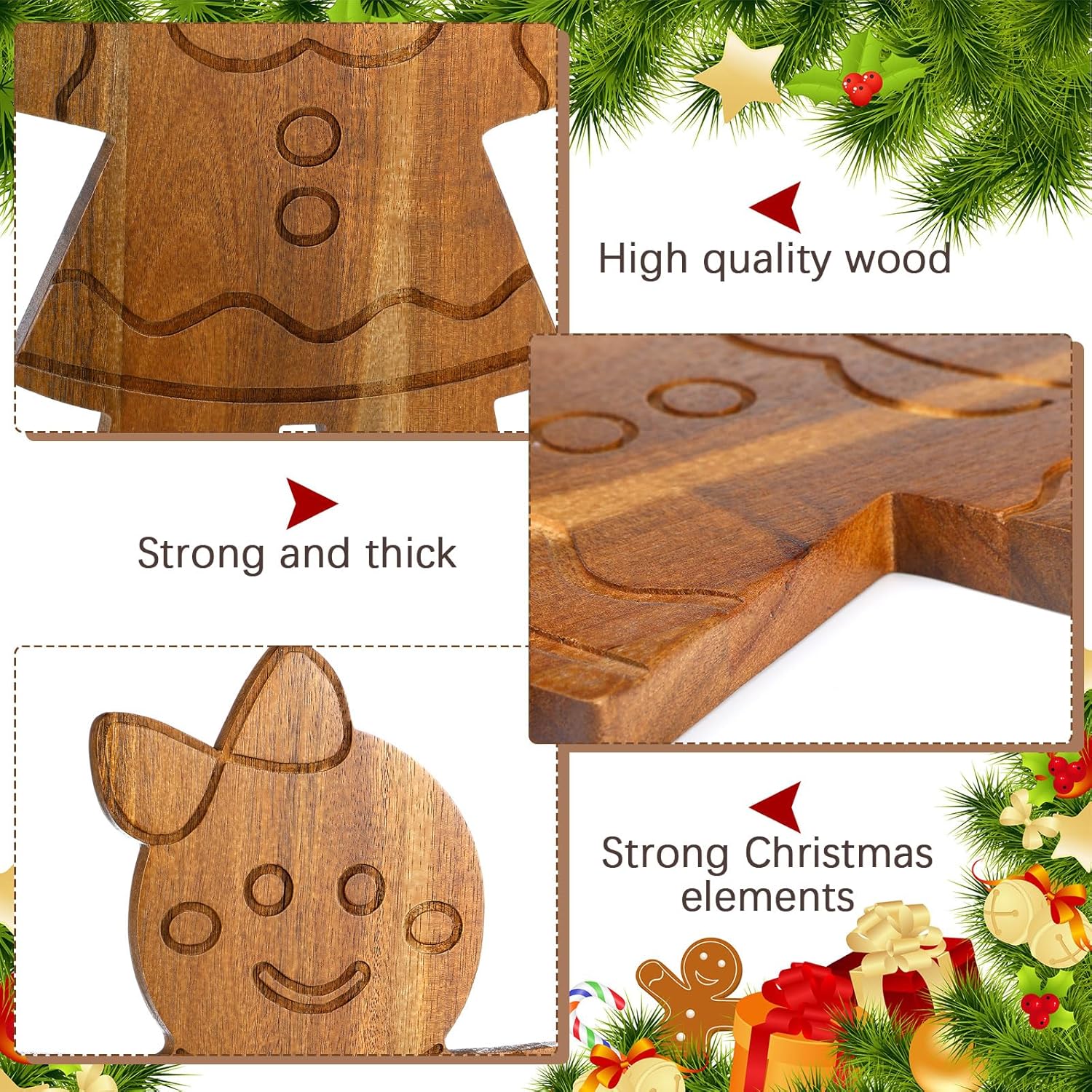 Uiifan 2 Pcs Christmas Cutting Board Gingerbread Man Charcuterie Board Acacia Wood Gingerbread Man Serving Tray Chopping Platter Butcher Block for Kitchen Cheese Bread Salad Gifts