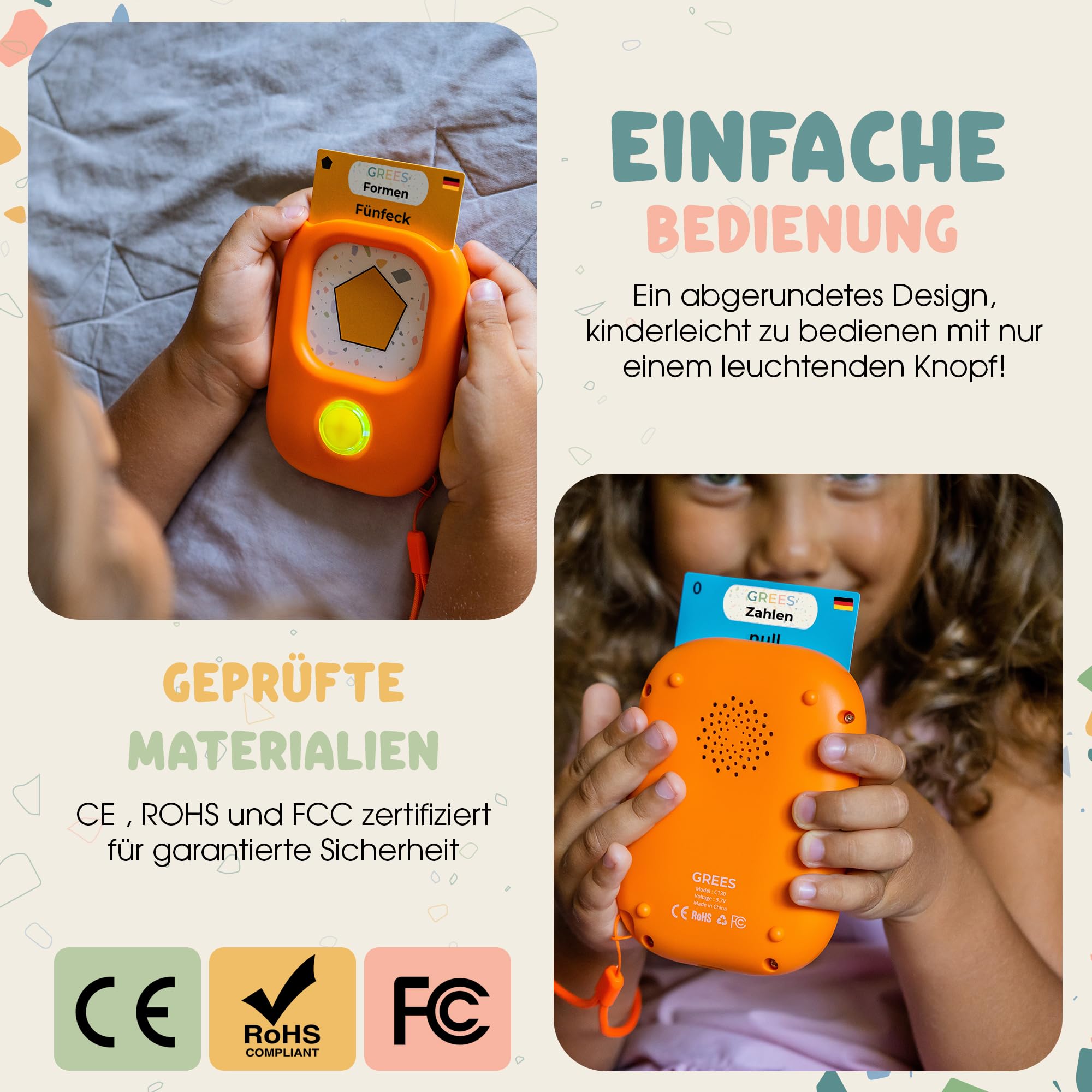 GREES Sprechende Lernkarten Deutsch mit Tragetasche – 258 Wörter mit klarer Studio-Stimme, 12 Themen, Montessori-Lernspielzeug ohne Bildschirm für Kinder 2–6 Jahre, Sprachförderung und Wortschatz