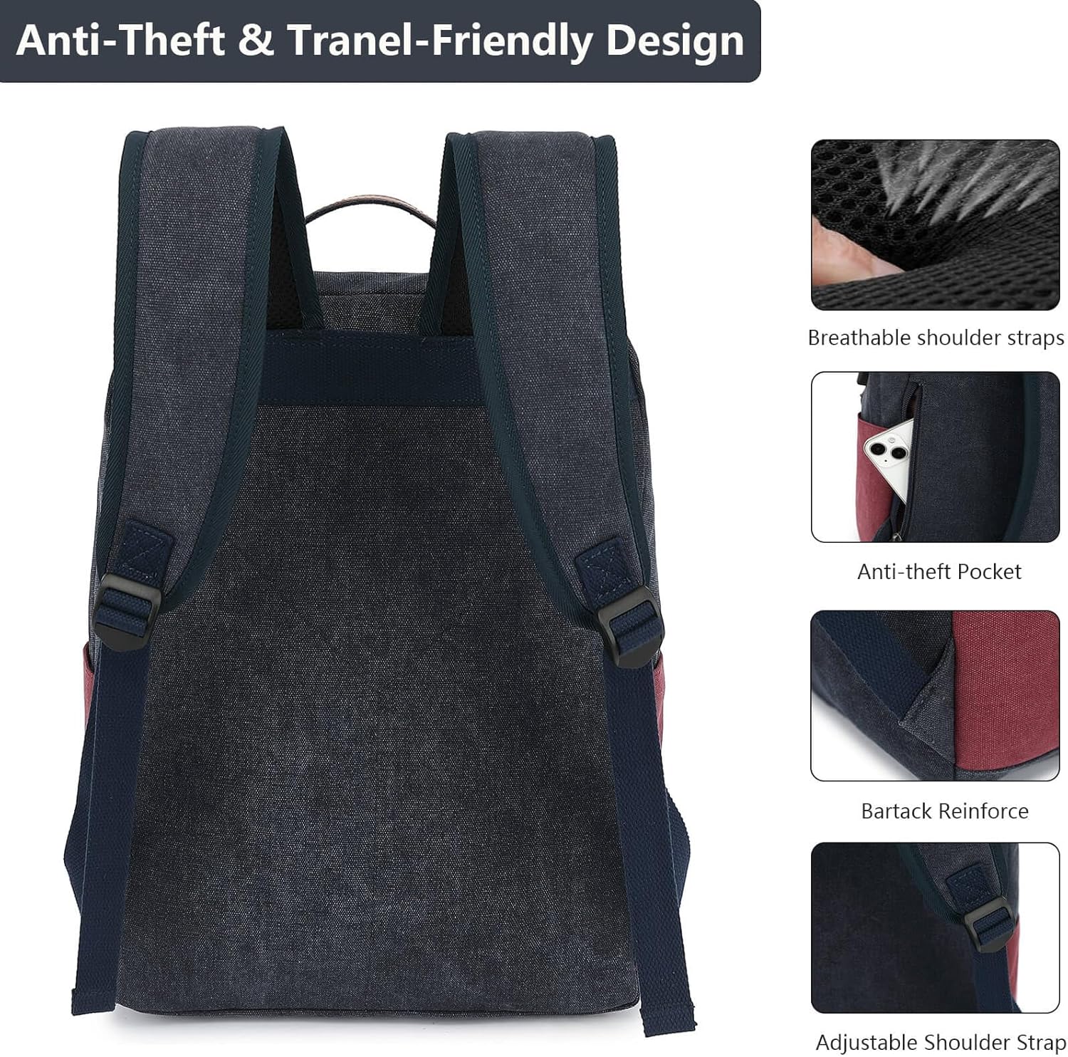 Waterproof Canvas Backpack, Laptop Backpack with USB Charging Port, Vintage Backpack for College Students, Casual Daypack for Men & Women, Travel Work Backpack Fits 15.6 Inch Laptop, Dark Blue-Red