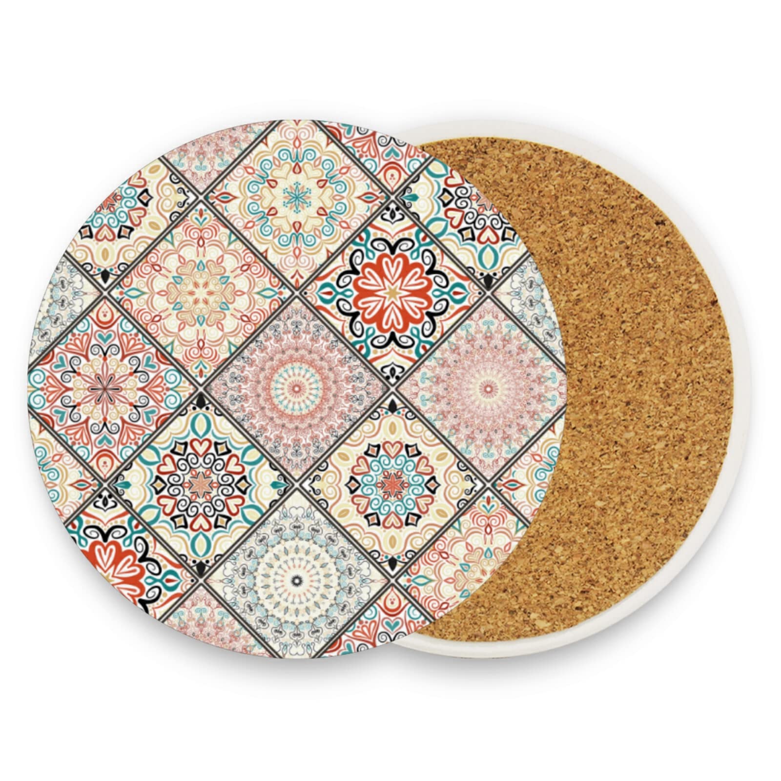 Poeticcity Multi 2 Mandala Portia Chic Style Tiles Square Portuguese Moroccan Motifs 1 Pc Ceramic Mug Coaster For Drinks, Stone Coasters Holder With Cork Base, Oversize Cup Mat Pad For All Mugs, Housewarming Gift
