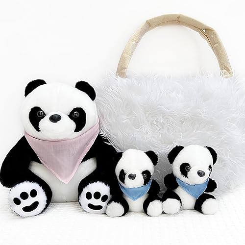 Perfectto Design Animal de Peluche Panda Juguete de Peluche para Niñas Juego de 5 Piezas - Mamá, 2 Bebés, Bolsa, Manta, Peluches para Niñas de 3, 4