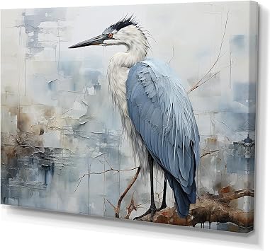 DesignQ heron Oversized Wall art decor, Minimalist Harmony With Blue Great Heron, Grey Canvas wall art, 32x24 inches