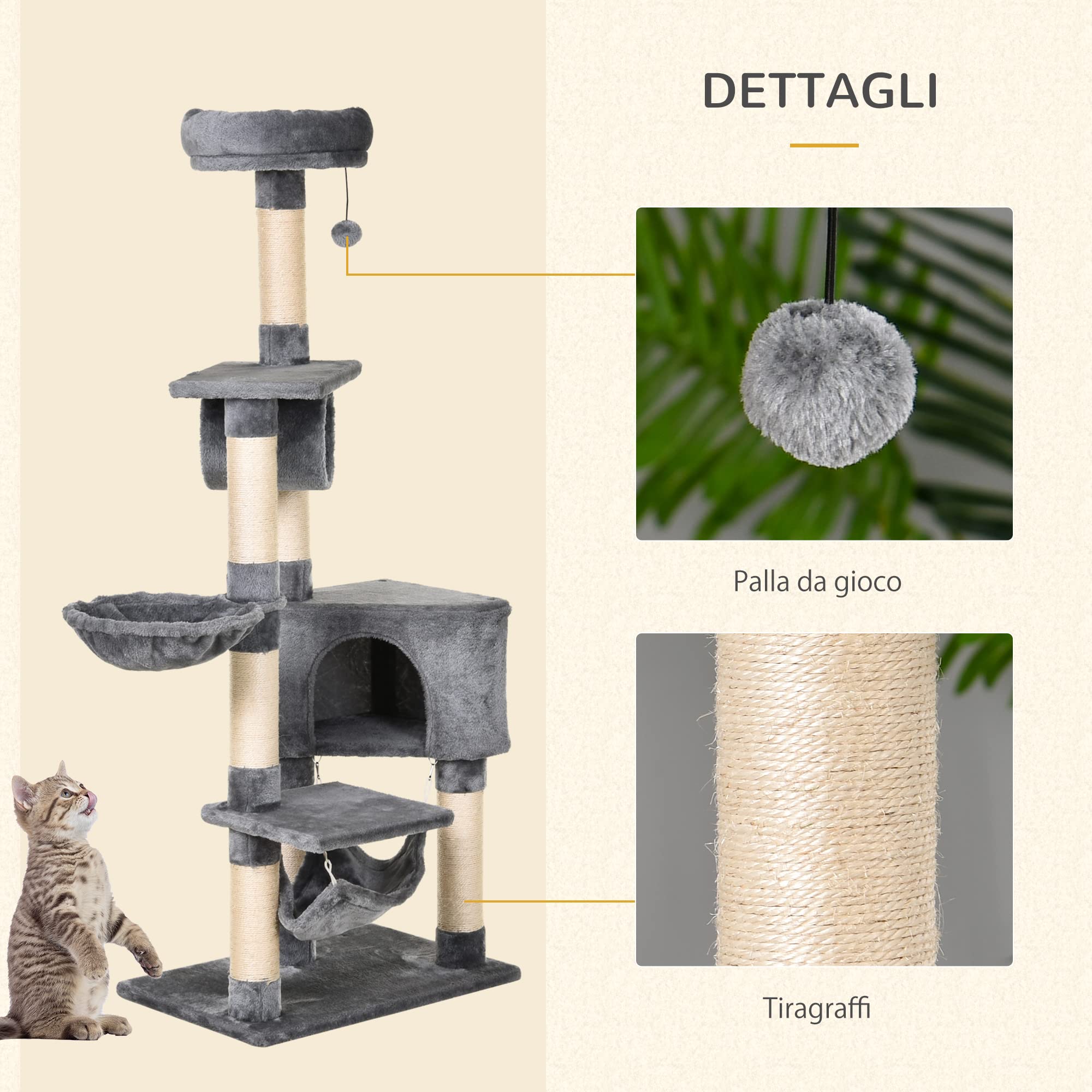 PawHut Tiragraffi a Colonna per Gatti con Cuccia Amaca 60x40x154cm Grigio | Lettini Sospesi, Pali in Corda Sisal