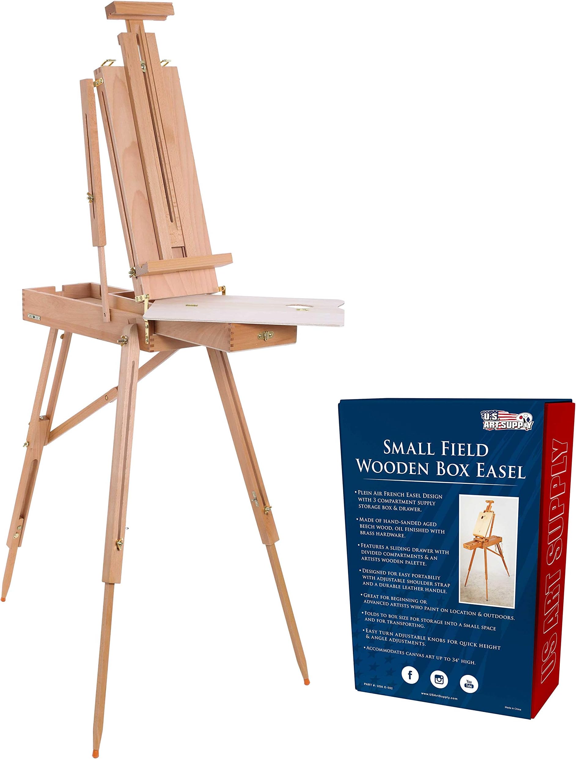 U.S. Art Supply Coronado Small Wooden French Style Field & Studio Sketchbox Easel - Art Easel for Adults, Drawer, Palette - Adjustable Wood Tripod Stand, Portable Artist Table for Painting, Sketching