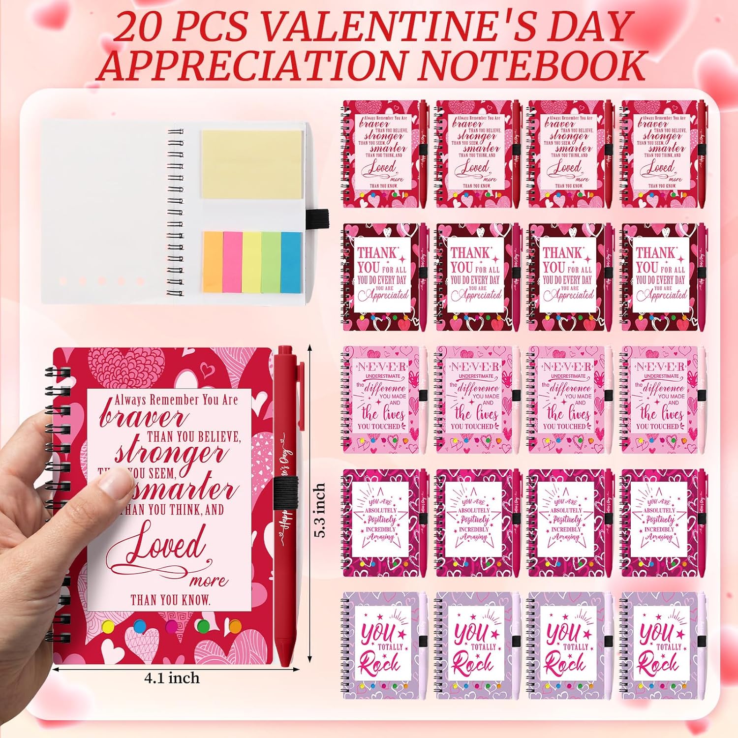 Resurhang 20 Pcs Valentines Appreciation Gifts Bulk Spiral Notebooks with Sticky Notes Motivational Pens Valentine Notepads for Coworkers Employee Office Team Party Supplies (Inspirational)