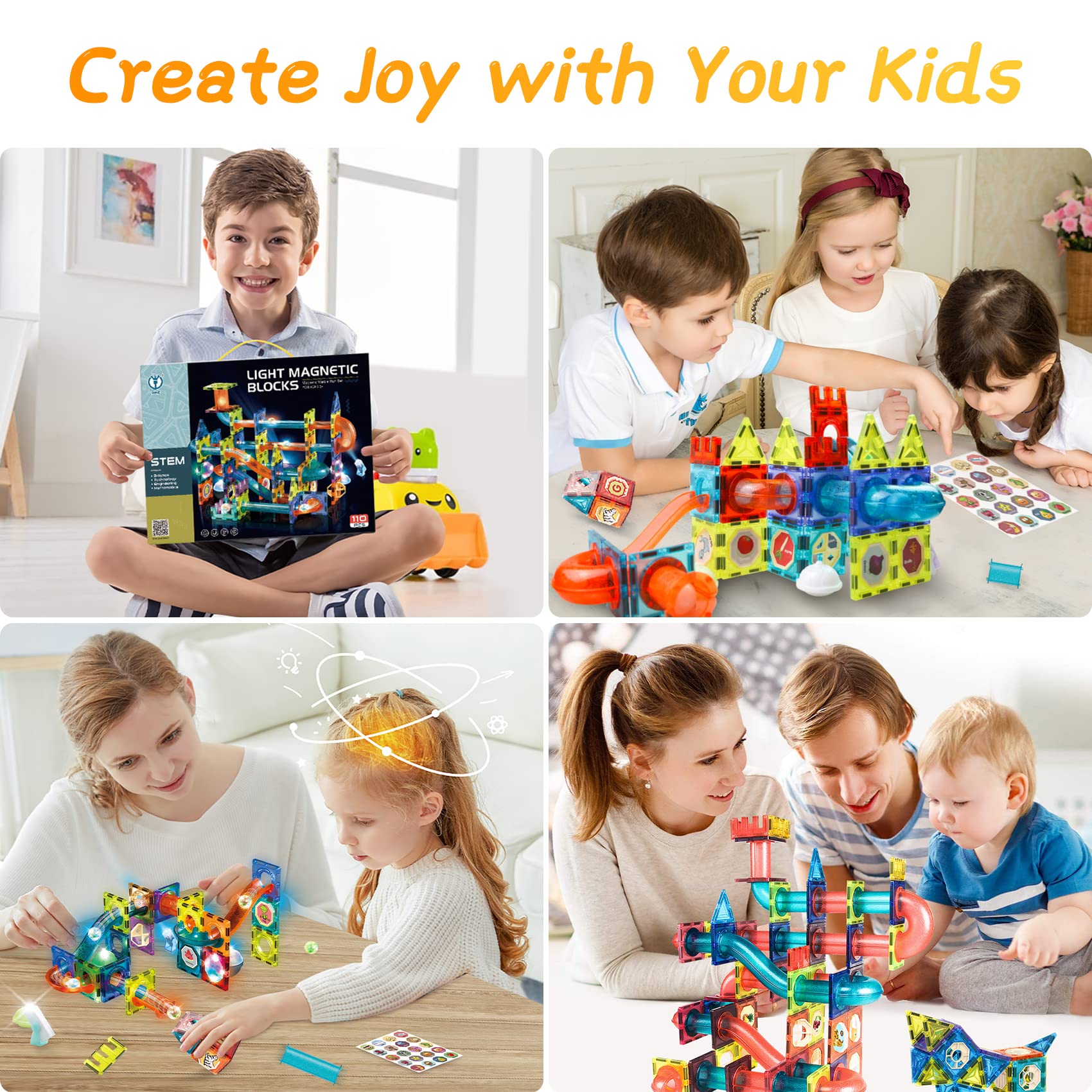 Costruzioni Magnetiche Luminose, 110 Pezzi 3D Giochi Magnetici per Bambini STEM Giocattoli Educativi Creativi con Blocchi, Traccia e Sfere per Ragazzi e Ragazze Regalo Età 3+