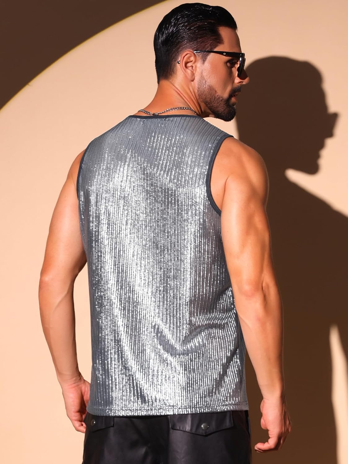 Lars Amadeus Shiny Vests for Men's Sleeveless Round Neck Disco Party Metallic Tank Top - Image 3