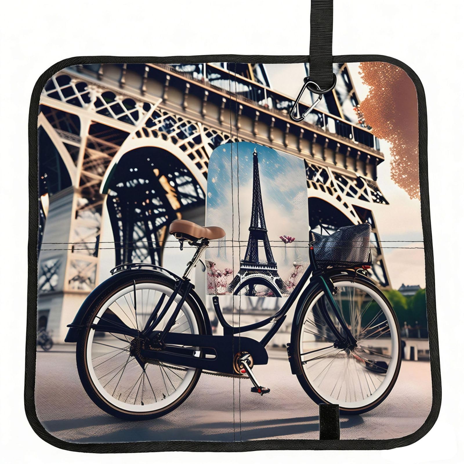 Yglhbdpbf Black Romantic Paris Eiffel Tower Bycicle Print Camping Seat Cushion,Foldable Sitting Pads,Save Backpack Space For Hiking